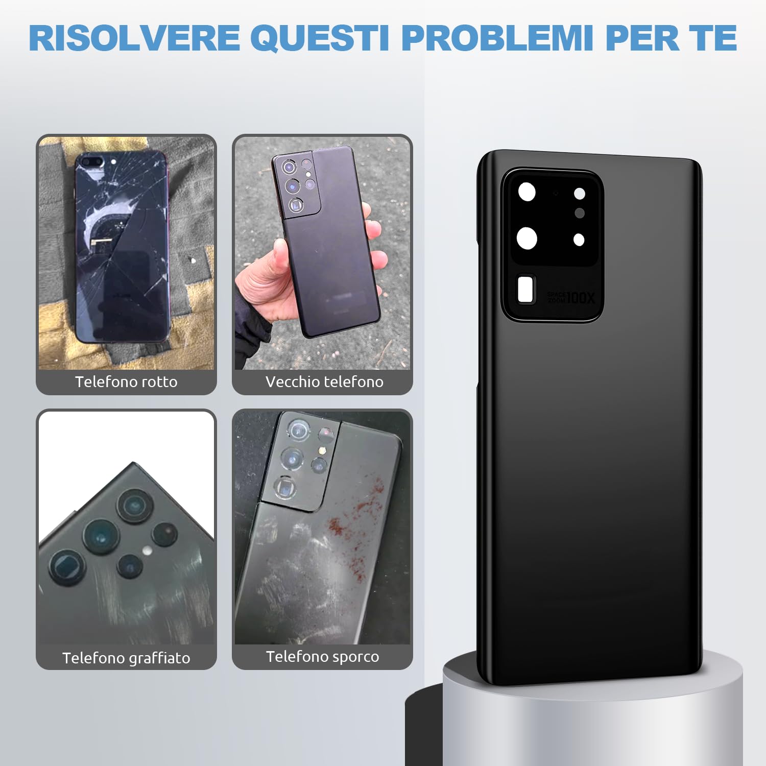 Vetro Posteriore per Samsung Galaxy S20 Ultra G988, Nero | Qualità originale scocca vetro posteriore copribatteria back cover cover posteriore back glass con lente fotocamera kit.