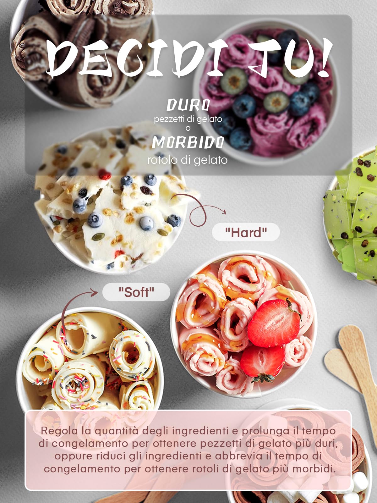 Gelatiera a rullo per la casa con compressore, gelato morbido in soli 3 minuti, funzionamento one-touch, diversi cambiamenti di varietà, sano gelato fatto in casa, ricetta, 2 spatole, Fohere