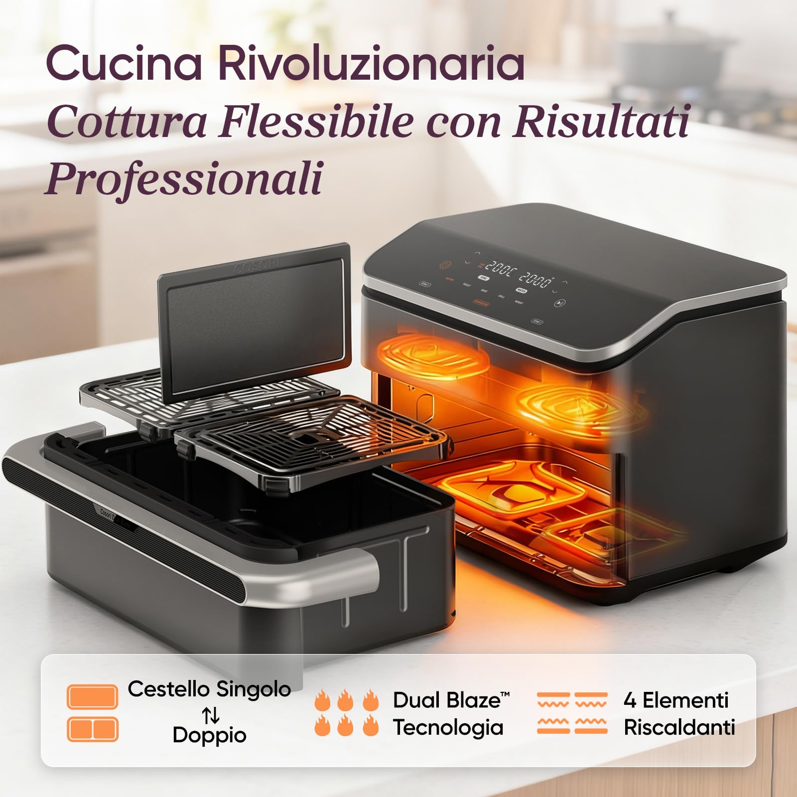 COSORI Friggitrice ad Aria 10 Litri, 7 in 1 Doppia Resistenza TwinFry con Doppio Cestello 5L+5L e Separatore Rimovibile, 2800W Air Fryer WiFi, 40-240℃, 70 Ricette Online, TF-102S