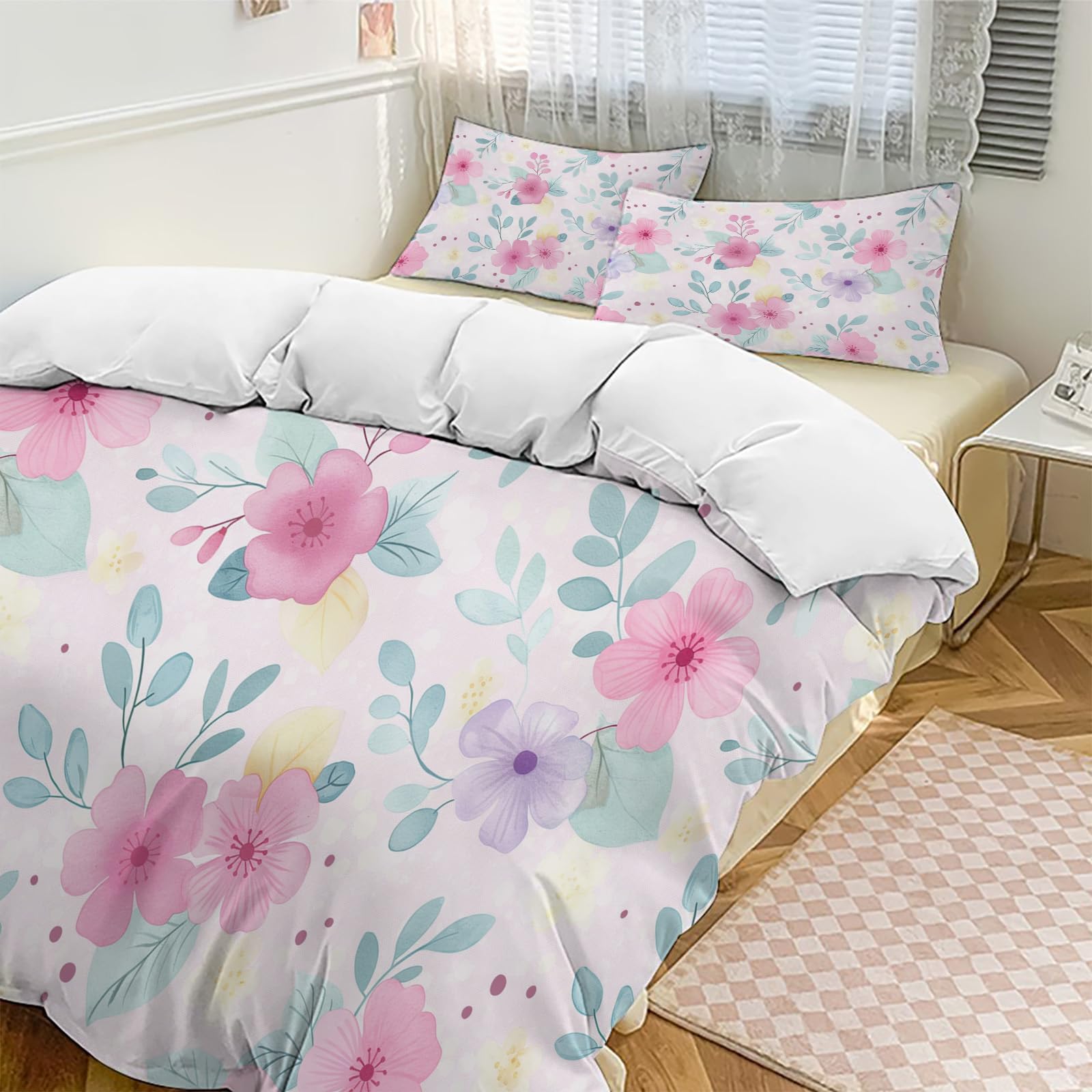 Parure de lit fleurs roses aquarelle avec housse de couette 3D et taies