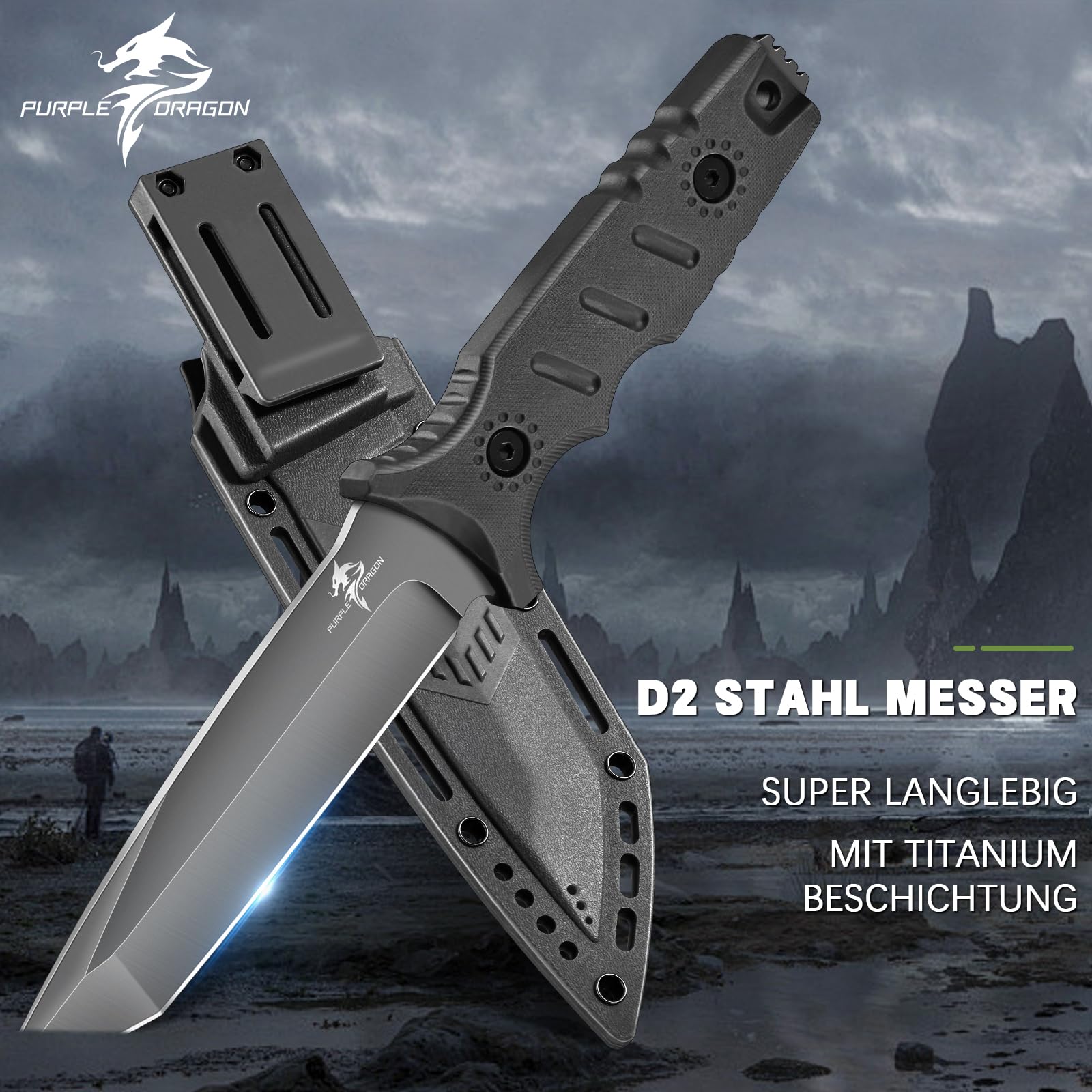 Purple Dragon Couteau de Survie Extérieur avec Étui en Kydex, Couteau à Lame Fixe en Acier D2 Forgée d'une Seule Pièce, Couteau Full Tang avec Manche G10 pour le Camping, Noir
