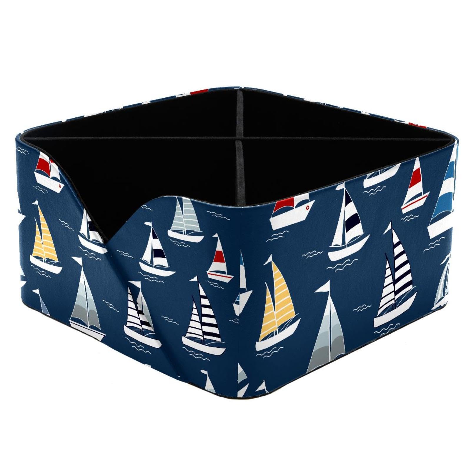KengjuTesu Marine Cartoon Boats Pattern Desktop Organizer Pen Holder, Rectangular Pencil Cup for Office, Study and Makeup Stations