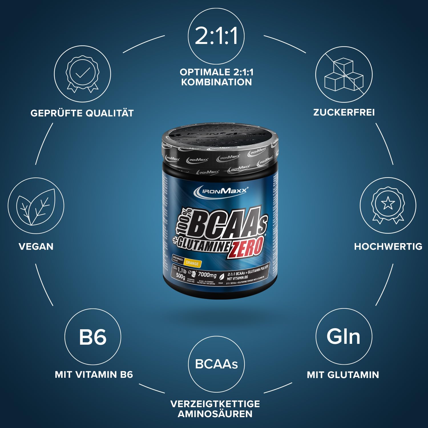 IronMaxx 100% BCAAs + Glutamine Zero - Orange 500g | veganes & zuckerfreies Aminosäuren Pulver mit Vitamin B6 | 6000 mg BCAA´s und 1000 mg Glutamin pro Portion