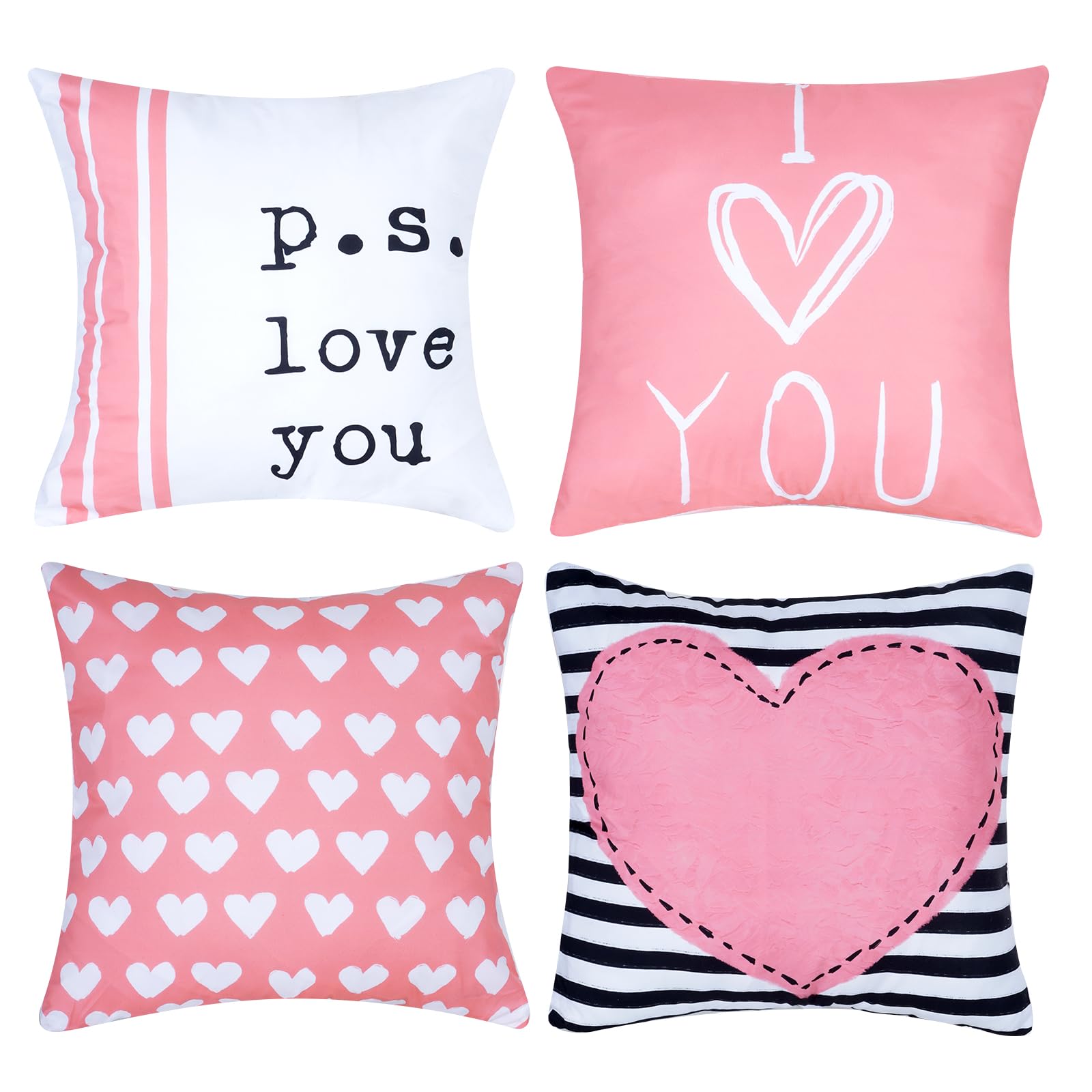 Love Heart Valentine Pillows Stripes Love Cushion Covers Valentines Day Pillow Covers 18x18 for Wedding Anniversary Sofa Home Decorations Set of 4?Pink?