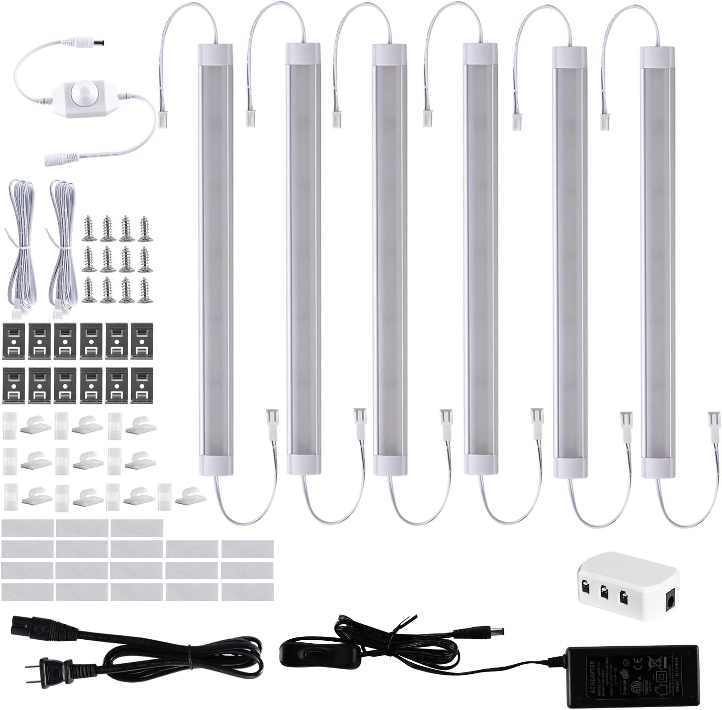 LABOREDUCER Under Cabinet Lighting Plug in Cold White 6000K, 6 Pack 11inch LED Under Cabinet Lights Wired Hardwired Linkable Dimmable with Power Adapter, 24V Under Counter Lights for Kitchen Shelf