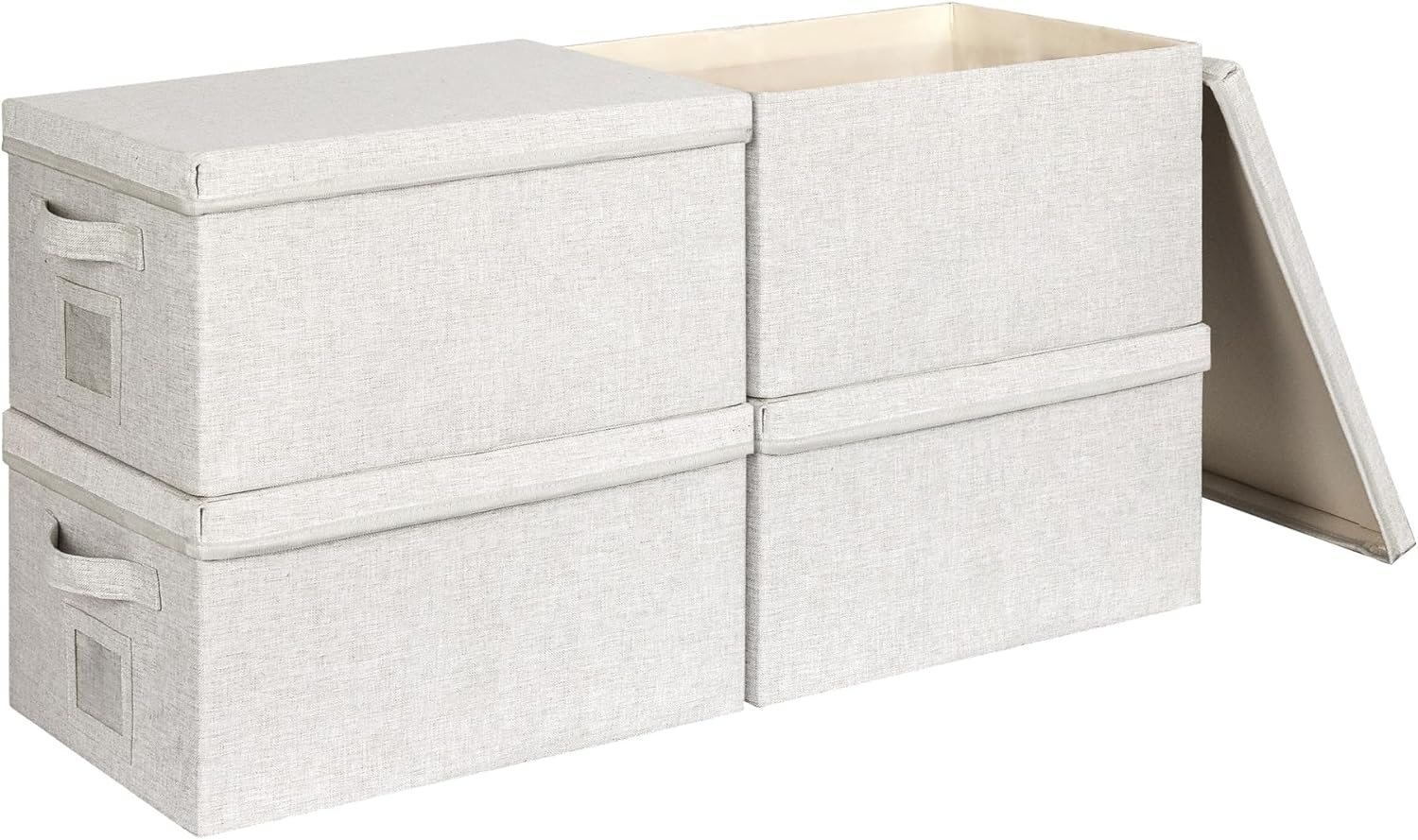 Large 17”x12” Quart Collapsible Stackable Storage Bins with Lids, 4 Packs Off White Fabric Closet Boxes with Lids, Storage Cube Baskets Container Organizers for Bedroom Office(17”x12.2x”8”)
