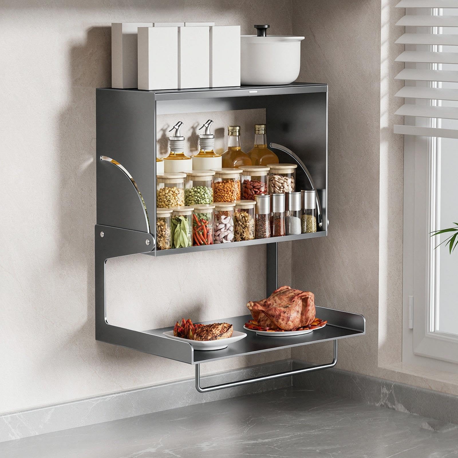 Vetrina da Cucina a Parete in Acciaio Al Carbonio, con Porta Ribaltabile,