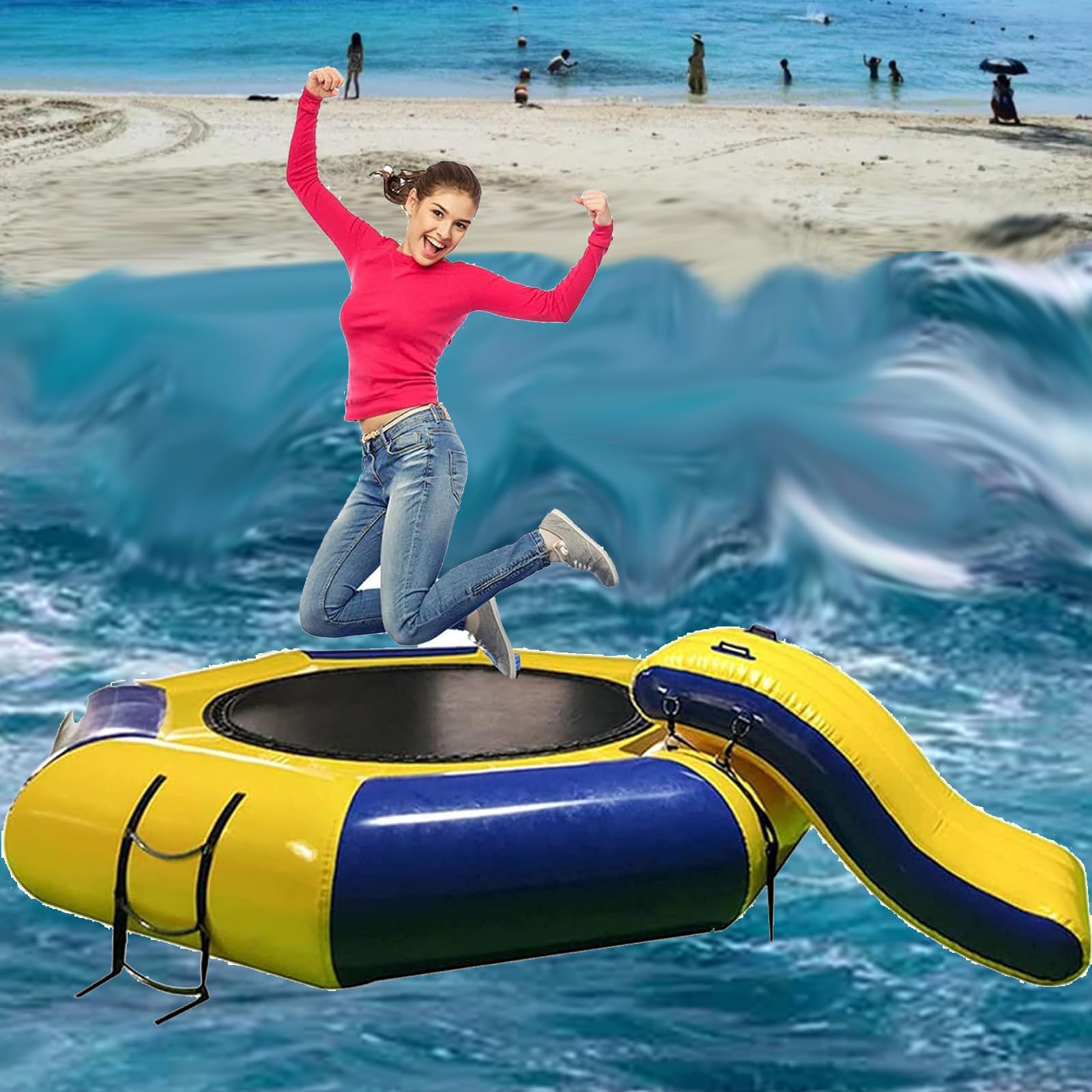 Nadmuchiwana trampolina ze zjeżdżalnią – przenośna platforma do skakania nad jeziorem i morzem – idealna do aktywności rekreacyjnych w wodzie, rodzinnej zabawy i letnich imprez