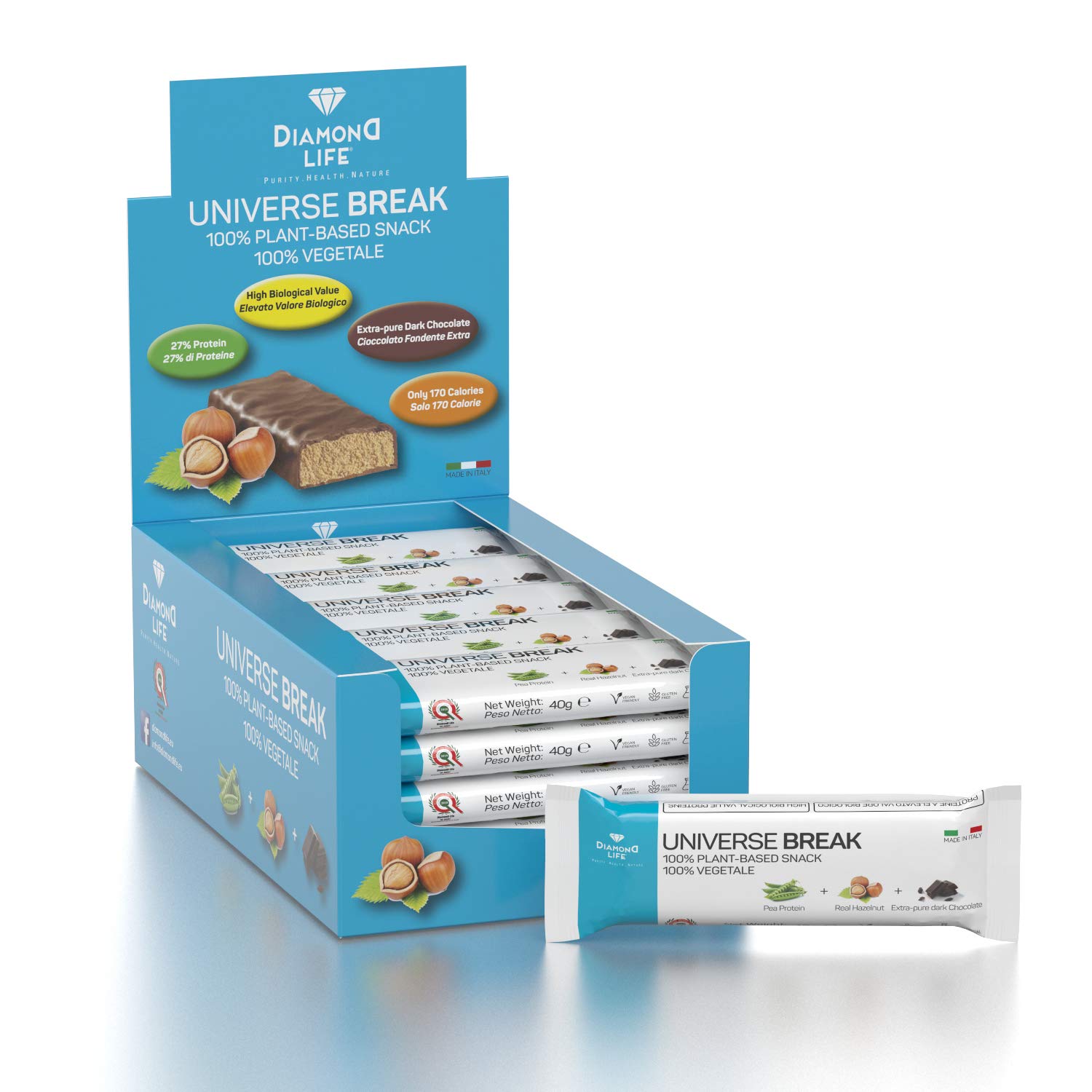 DIAMOND UNIVERSE BREAK - 20 Barrette Proteiche Bilanciate Vegan 100% Vegetali (Proteine Pisello) Con Aminoacidi Essenziali e Vitamine - Cioccolato Extra Fondente Bio | Senza Glutine, Senza Lattosio