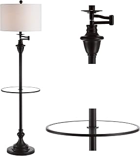 JONATHAN Y Cora 60" Metal Swing Arm Floor Lamp, Oil Rubbed Bronze/Clear | Glass Table, Modern Standing Light for Living Room, White Linen Drum Shade, Foot Switch, LED Bulb Included