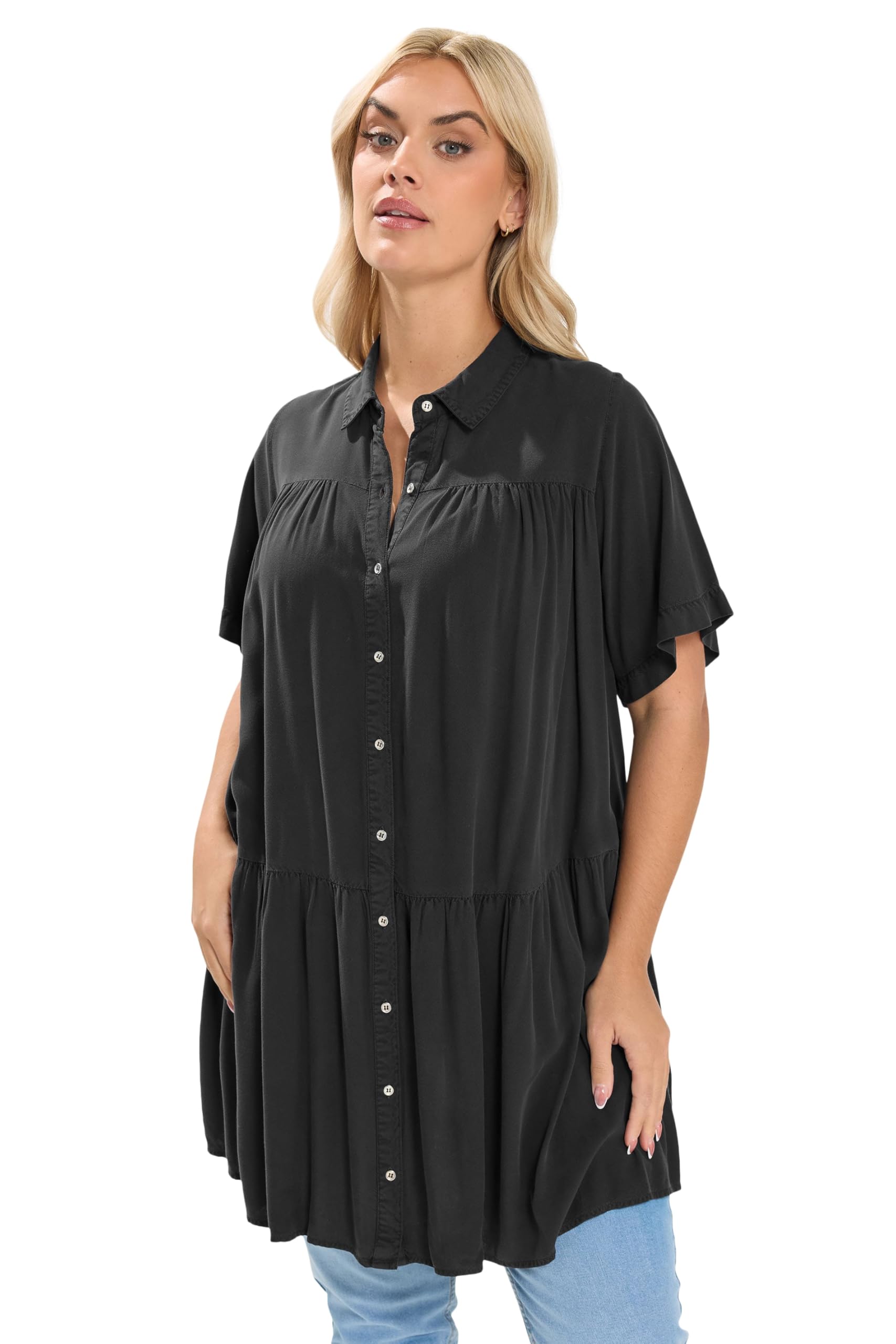 Yours Curve Chambray Tiered Smock Shirt - Women's - Plus Size Curve Black