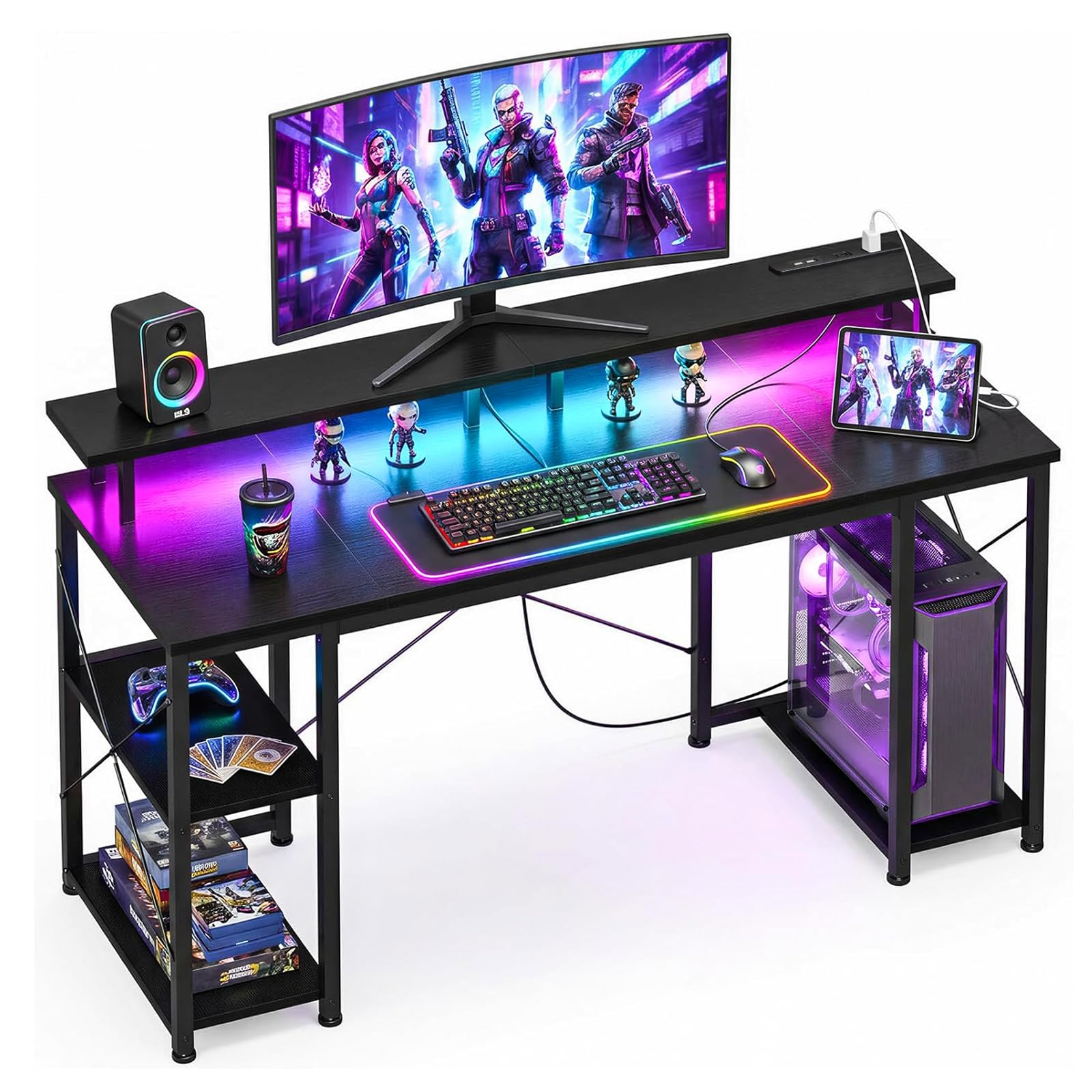 AODK パソコンデスク 幅120×奥行60cm コンセント付き ブラック Amazon | AODK ゲーミングデスク パソコンデスク コンセント&LED付き