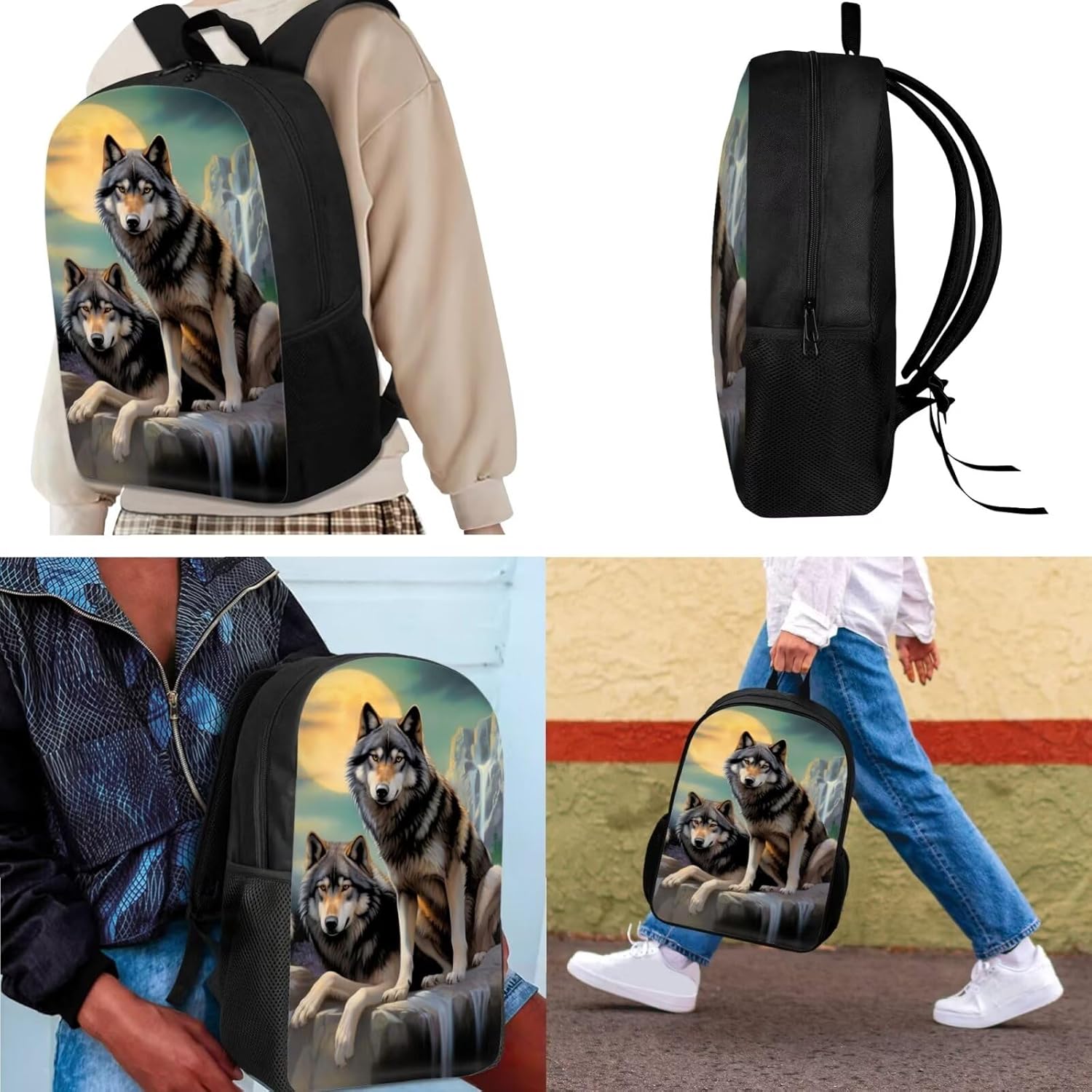 Wolf Backpack Lunch Box Set for Boys Primary Elementary School Bags Kids Bookbag Girls 17 inch Back Pack Lunch Bags Outdoor Travel
