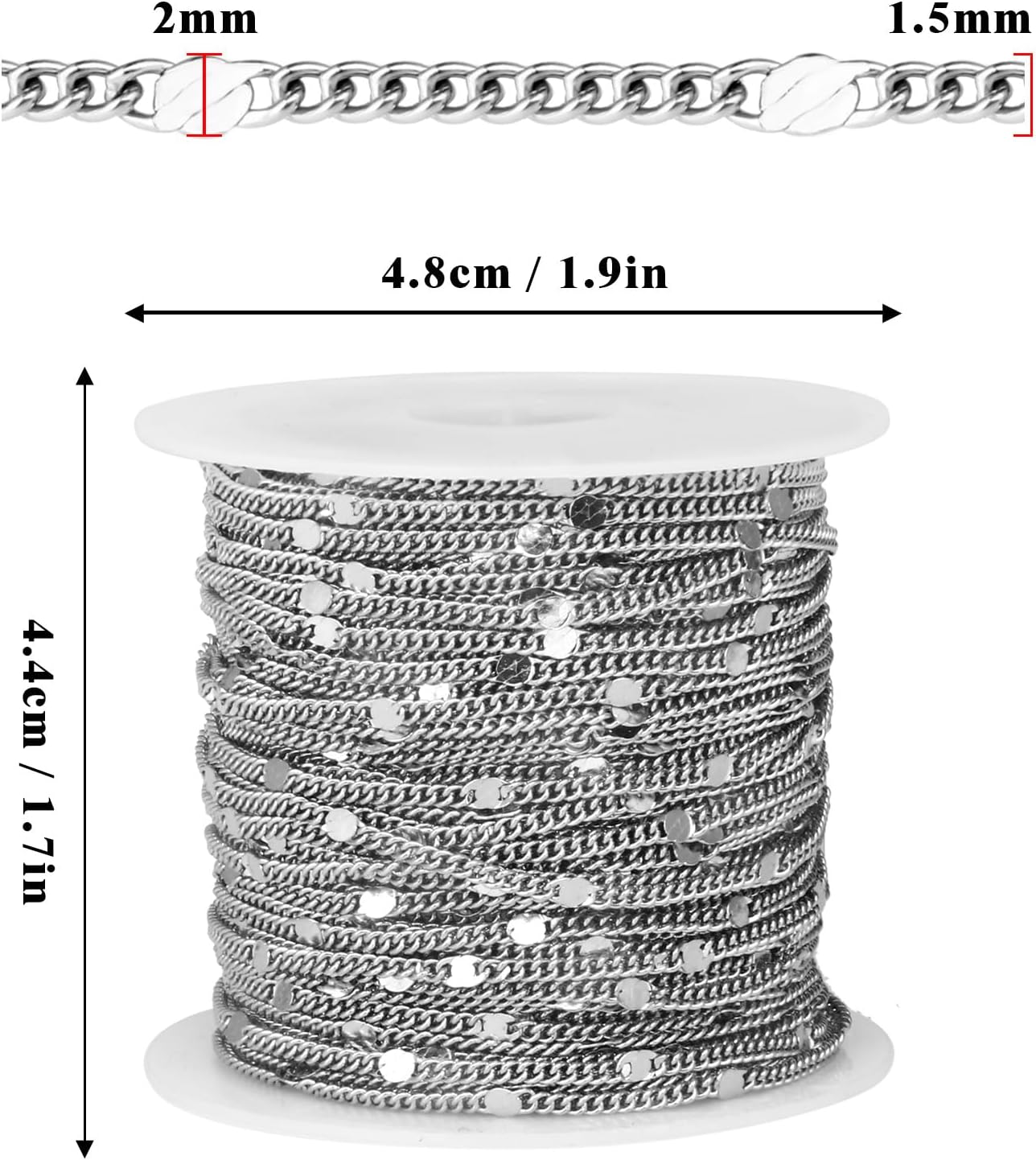 66FT Stainless Steel Curb Chains Bulk, 2mm Stainless Steel Flat Satellite Curb Link Chains Roll for Jewelry Making - Image 3