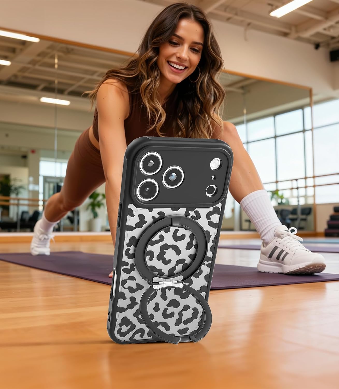 Magnetic Stand Case for iPhone 17 Pro [360° Rotatable Kickstand] [Compatible with MagSafe] Black Leopard Design with Ring Holder Case for Women Girls, Translucent Matte Slim Phone Cover