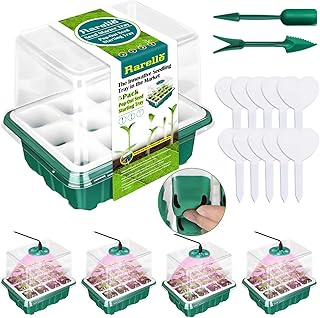Rarello 5 Packs Seed Starter Tray with Grow Light,Reusable Pop-Out Seed Starter Kit,60 Cells Seedling Starter Trays with Humidity Domes,Indoor Gardening Plant Germination Trays for Seeds Starting
