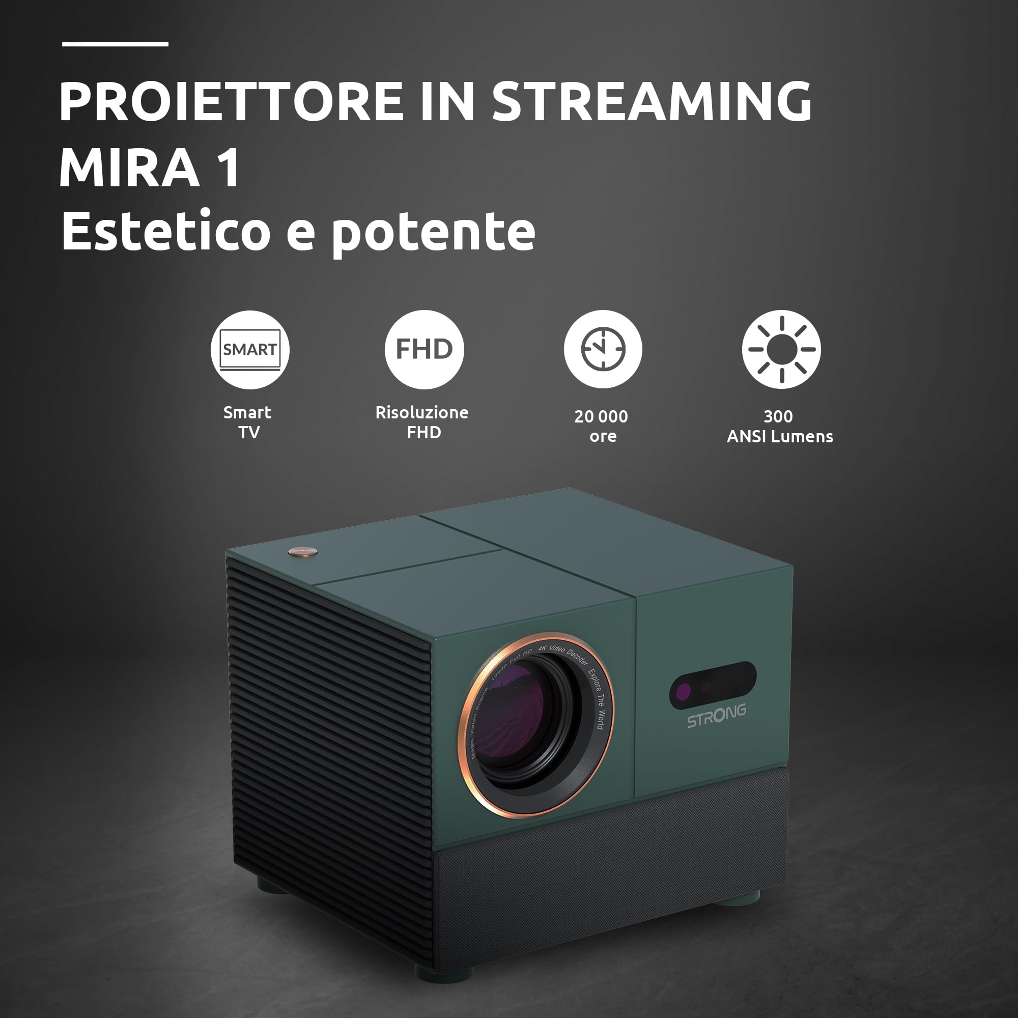 Strong MIRA1 Video Proiettore Smart Ufficiale Google TV 1080P Con Supporto 4K, Auto Focus & Keystone, Wifi Bluetooth Portatile Proiettore Esterno Per Ios/Android/Home Cinema