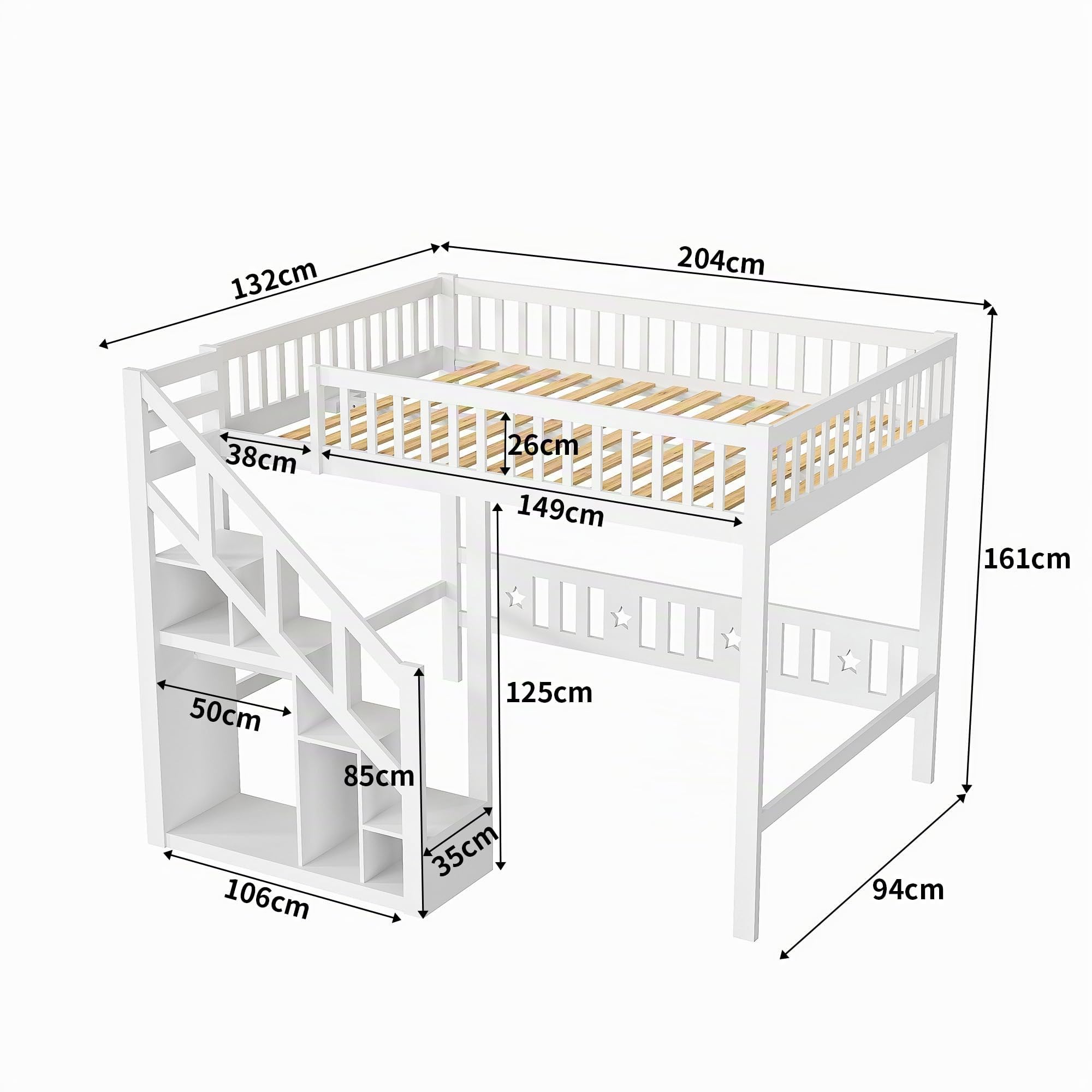 Litera de 90 x 200 cm, Cama Infantil de Madera Maciza con Escalera de Seguridad y Armario de Almacenamiento, Cama Juvenil con somier de láminas, Cama Infantil Multiusos para habitación