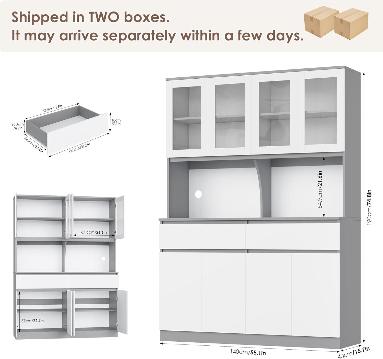 Keyluv 75" x 55" Kitchen Pantry Storage Cabinet with Glass Doors and Drawers, Wide China Cabinet Hutch with Microwave Stand Coffee Bar, Food Pantry with Hutch Shelf for Dining Room, White/Grey