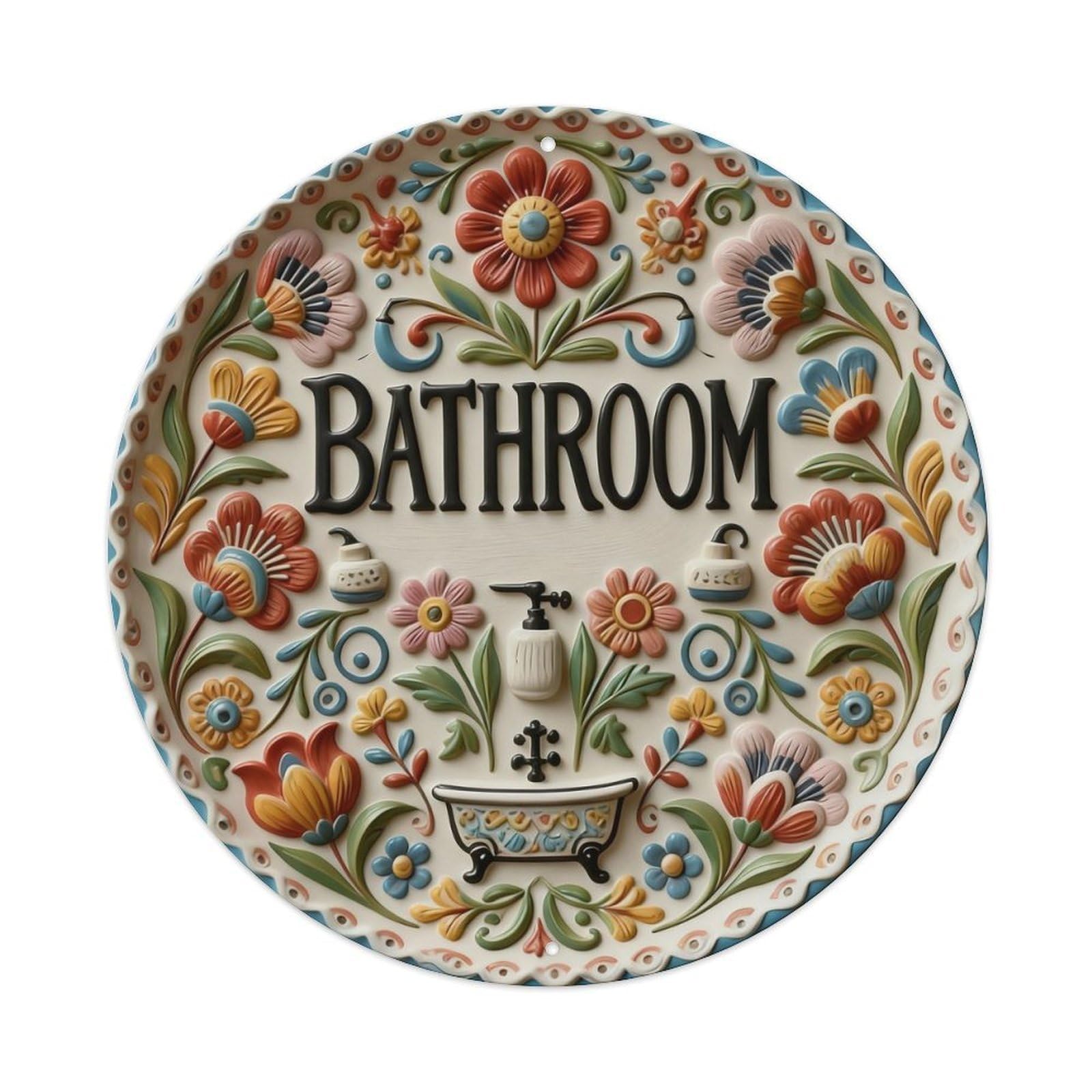Zlatcbu Vintage Floral Bathroom Sign Metal Tin Sign Retro Wall Art Poster, Decor For Home Living Room Bar Cafe Garage, 8X8 Inch