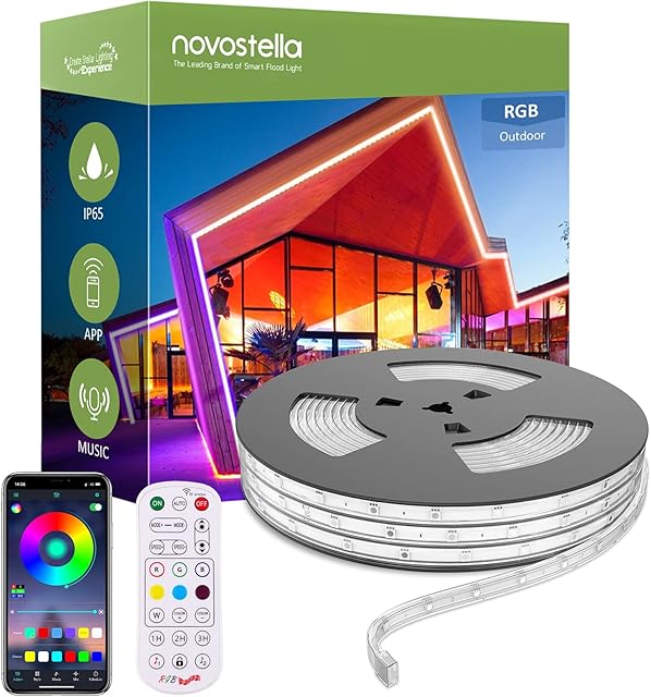 Novostella 16M Outdoor LED Strip Lights Waterproof, 52.5ft Smart RGB Rope Light, App Control and RF Remote, Music Sync Color Changing Exterior Tape Lighting Kit for Garden Patio Party, 24V IP65
