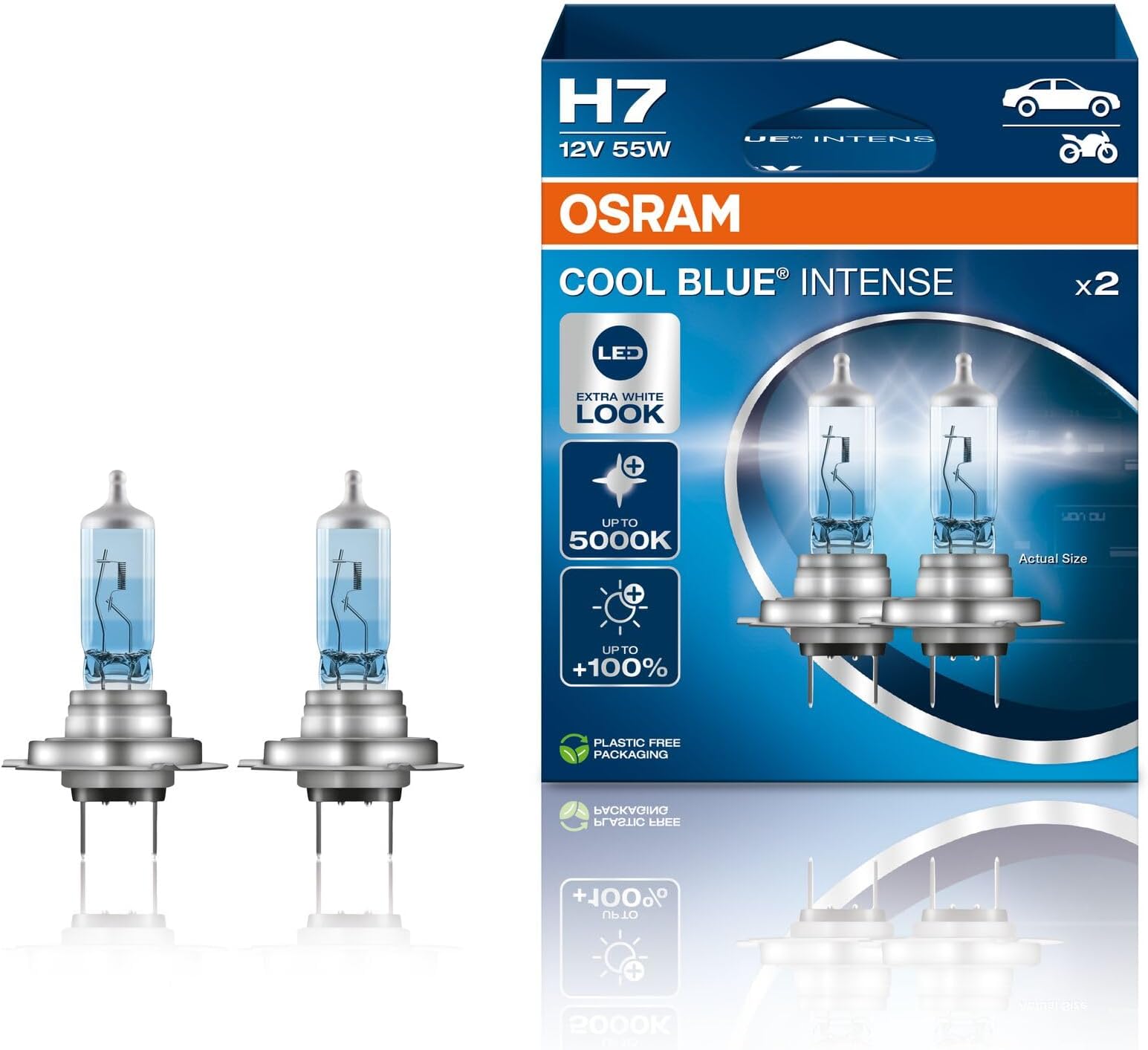 COOL BLUE INTENSE H7, +100% more brightness, up to 5,000K, halogen headlight lamp, LED look, duo box (2 lamps), 64210CBN-HCB