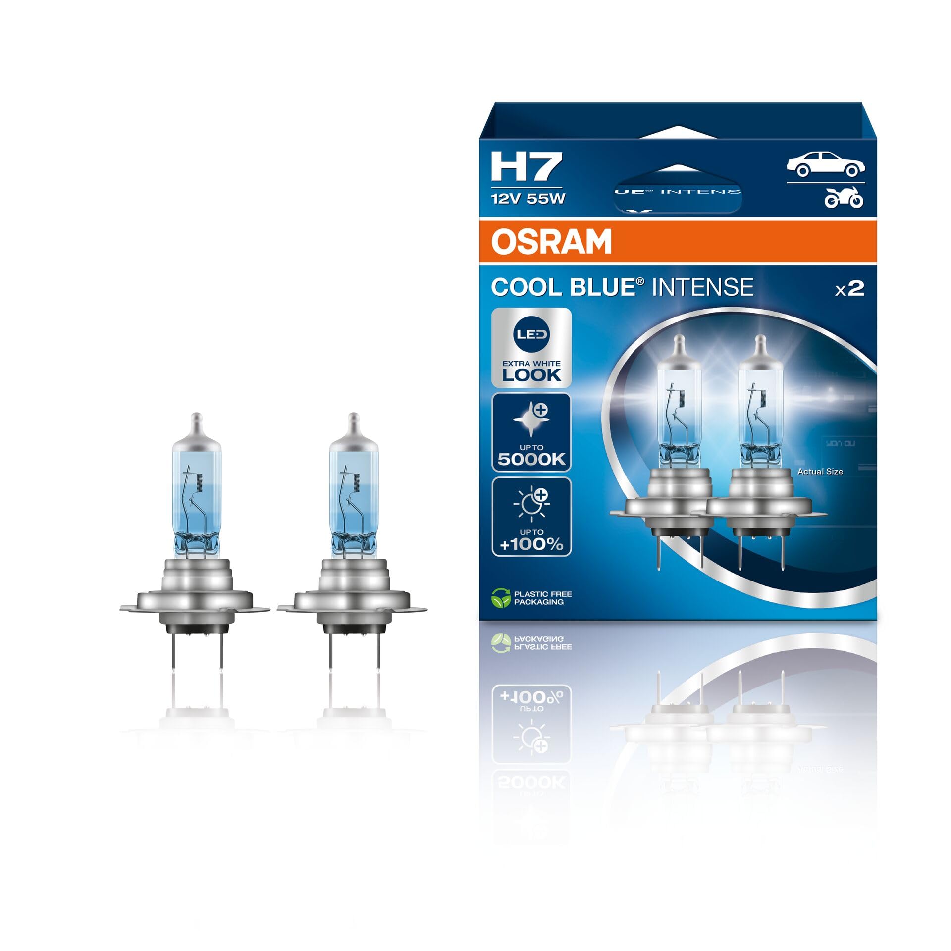 OSRAM COOL BLUE® INTENSE H7, +100% more brightness, up to 5,000K, halogen headlight lamp, LED look, Duo box (2 lamps)