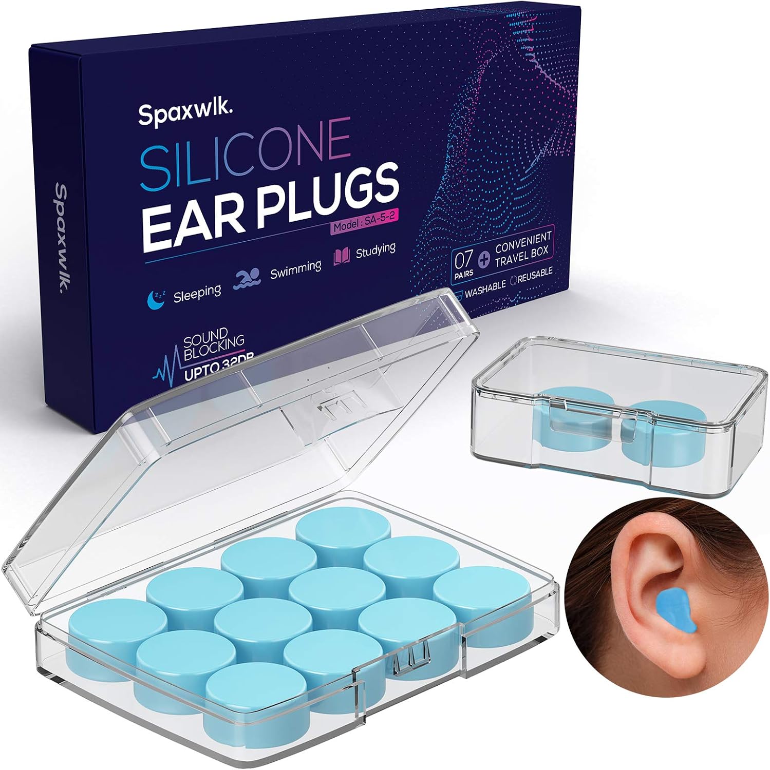 Ear Plugs for Sleeping Noise Cancelling, Reusable Silicone Soft Moldable Waterproof Sound Blocking Earplugs for Swimming, Snoring, Working, Airplanes, Shooting, Musicians, 32dB Highest NRR Blue