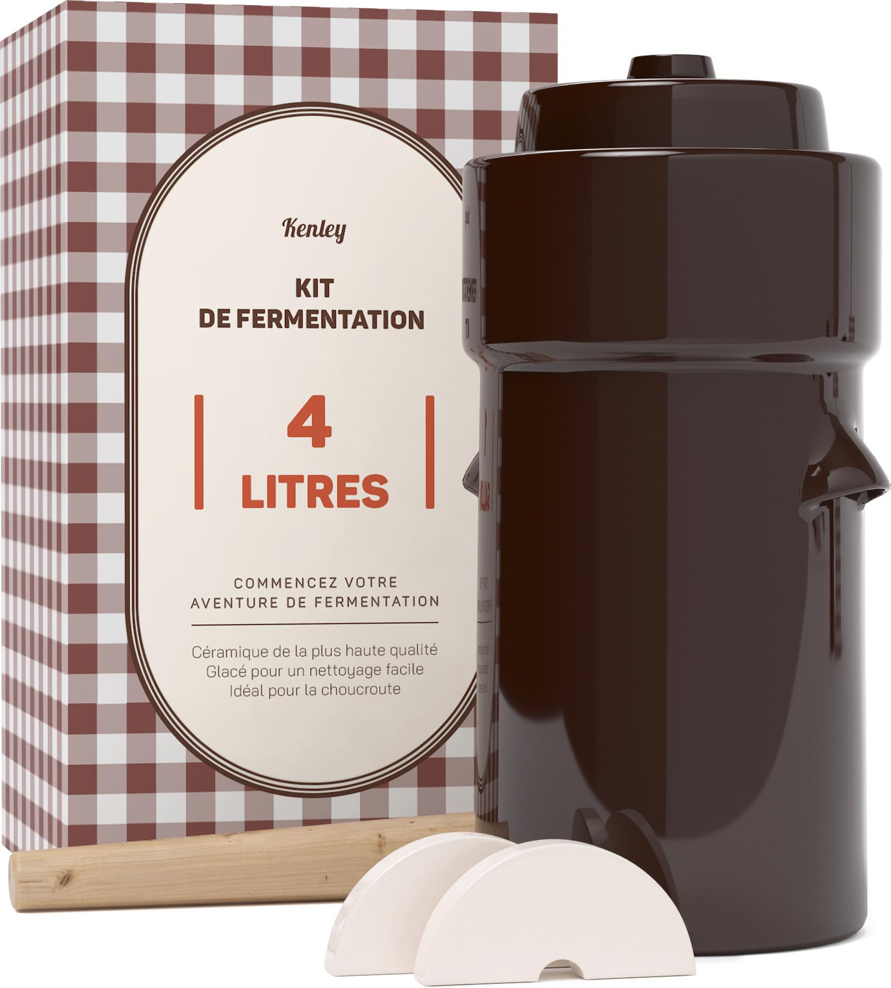 Kenley Pot de Fermentation de 4 Litres - Mijoteuse à Choucroute avec Couvercle, Poids et Pilon - Kit de Fermentation en céramique pour mariner le chou et les légumes Kimchi
