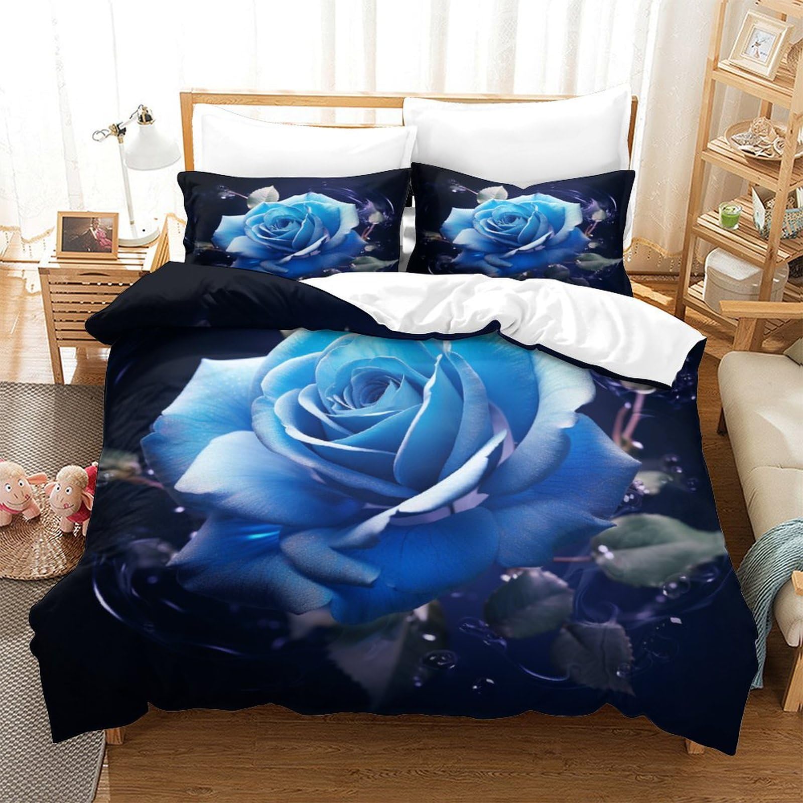 Rose bleue housse de couette fleur parure de lit microfibre 3 pièces motif 3D super king 260x220