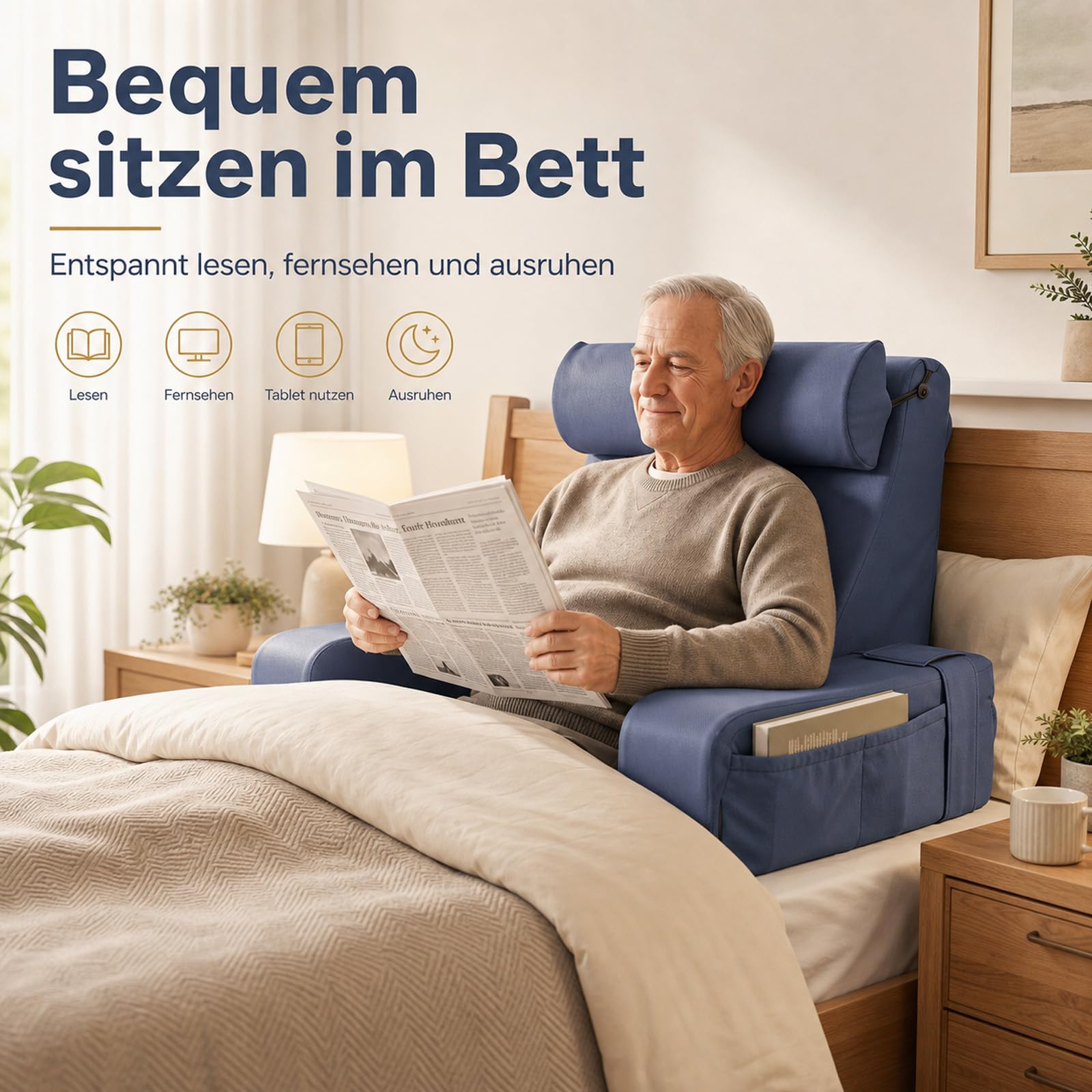 Lesekissen für Bett und Sofa, Ergonomisches Rückenkissen mit kühlendem Eisseide-Bezug, Memoryschaum, Verstellbarer Rückenstütze und abnehmbaren Armlehnen, großes Keilkissen zum Lesen 50cm