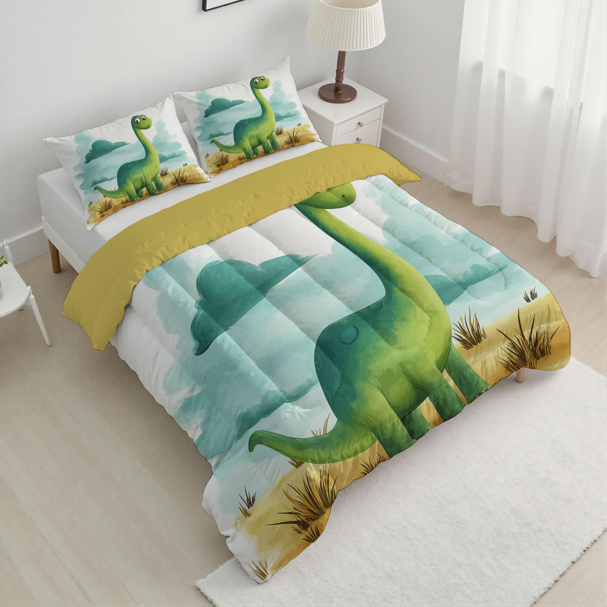 Trapunta Invernale in Ecopiuma, 260x230cm Set Piumone Bambino Imbottita 200 gr/mq Caldo e Morbido Piumino Trapuntato Dinosauro Cartoni Animati Coperta Letto Reversibile per 4 Stagioni, Azzurro Chiaro