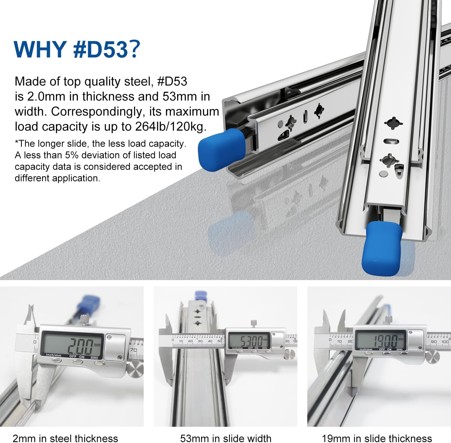 VADANIA 48" Heavy Duty Drawer Slide with Lock #D53, 2" Width Up to 125lb Load Capacity, 3-Fold Full Extension, Ball Bearing Lock-in & Lock-Out, Side Mount, 1-Pair