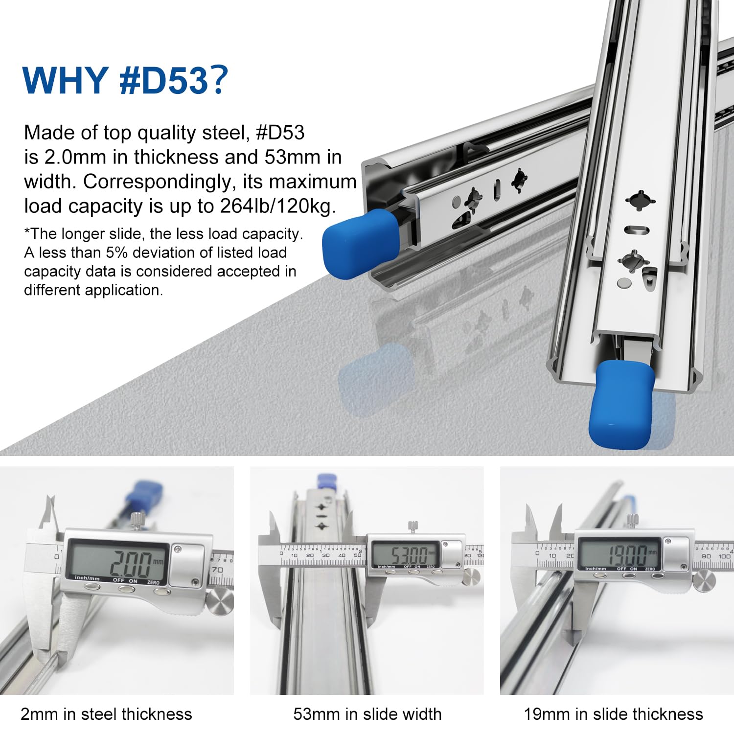 VADANIA 300 mm Guías para cajones de alta resistencia con cerradura #D53, 53 mm de ancho, capacidad de carga de hasta 120 kg, extensión total de 3 voltios, montaje lateral, 1 par