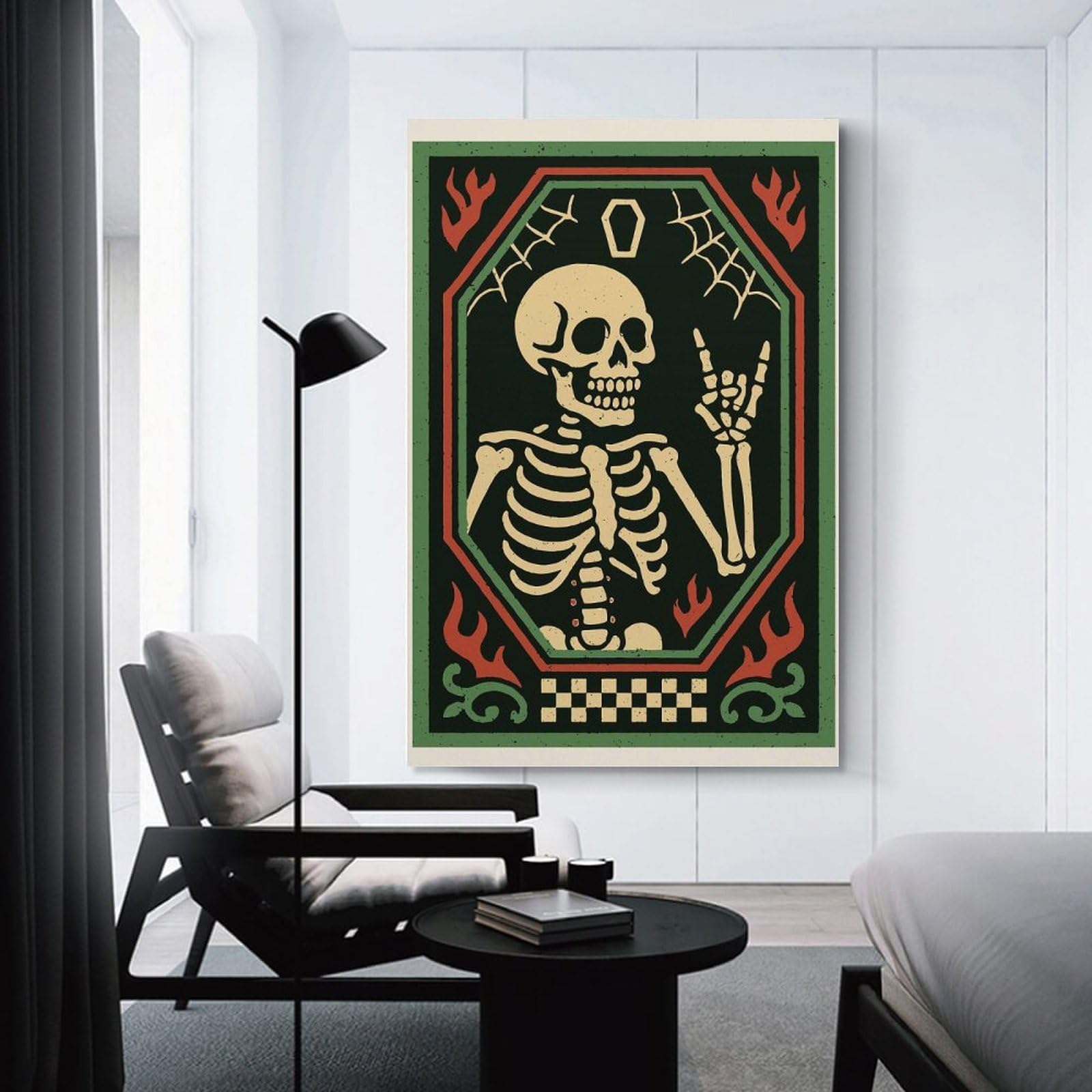 Junmoney Skeleton Rock On Illustration Hanging Wall Art 08x12inch(20x30cm), for Restful Interiors, Bedrooms Or Small Rooms, Home Artwork with A Soft Interior Feel