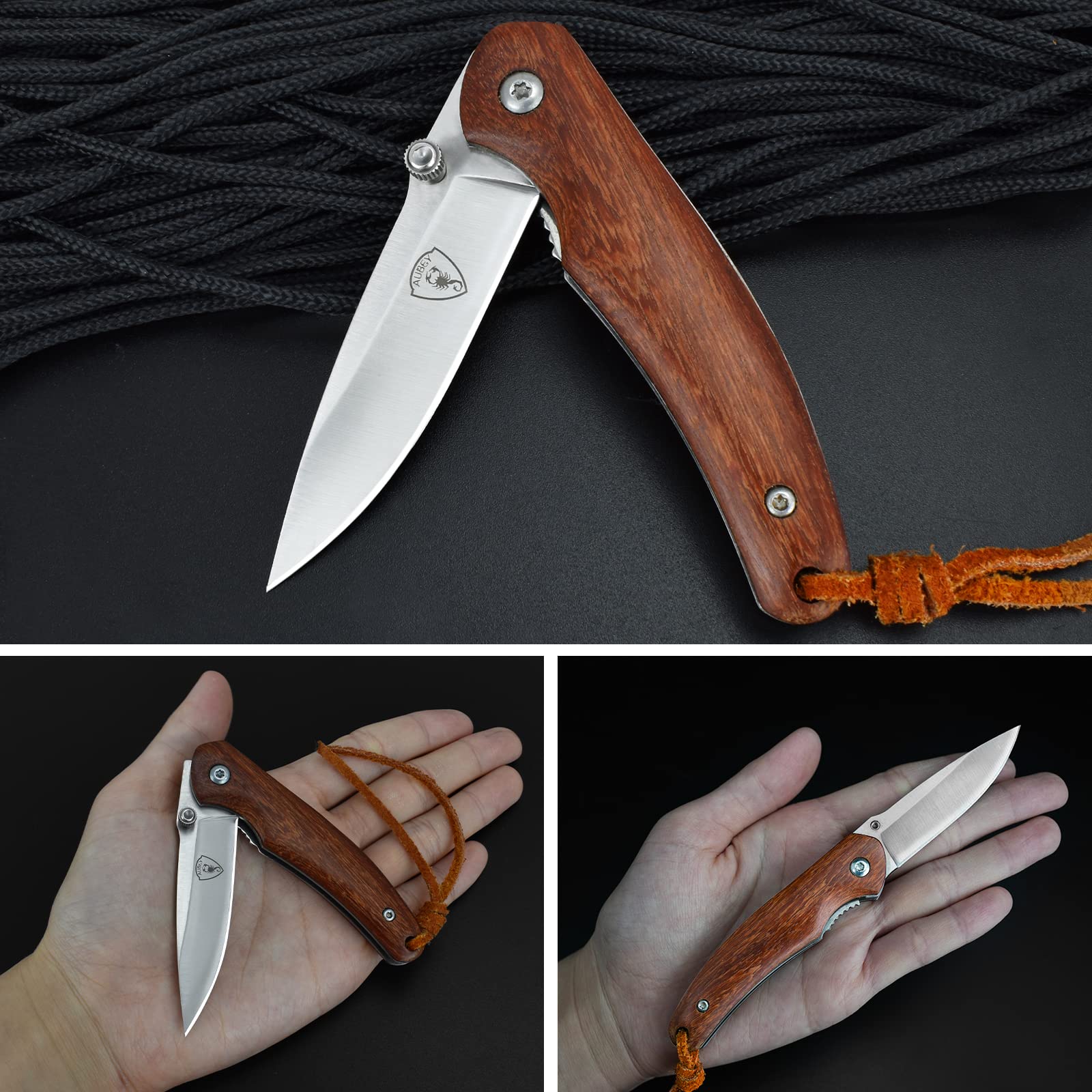 AUBEY Taschenmesser Klein, Scharfes Klappmesser Mini Messer mit 440 Stahl Klinge, Holzgriff, Liner Lock - EDC Messer Pocket Knife für Outdoor Survival Jagd Angeln Geschenk Sammeln