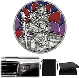 DXLing Placa de San Cristóbal para Coche Ø 4 cm Medalla de San Cristóbal para protegernos y Venir a casa Imán de Coche de San Cristóbal con imán Bolsa de Terciopelo y Pegatinas Adhesivas de Doble Cara