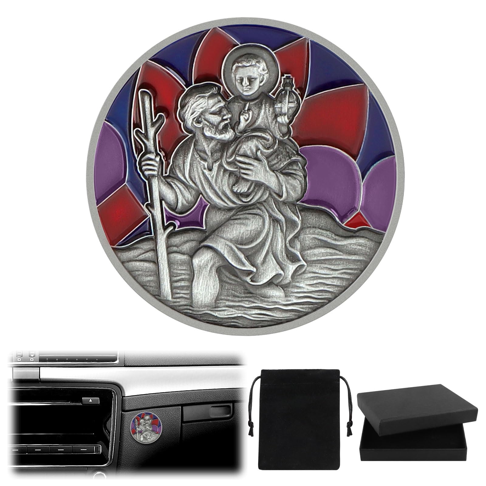 DXLing Placa de San Cristóbal para Coche Ø 4 cm Medalla de San Cristóbal para protegernos y Venir a casa Imán de Coche de San Cristóbal con imán Bolsa de Terciopelo y Pegatinas Adhesivas de Doble Cara - 2