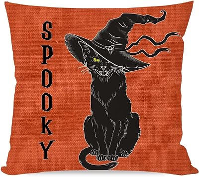 PANDICORN Black Cat Burnt Orange Halloween Throw Pillow Cover 18x18 Spooky | Outdoor Fall Halloween Decorations Decorative Throw Pillow Cases Cushion Cover for Home Living Room Couch Porch Decor