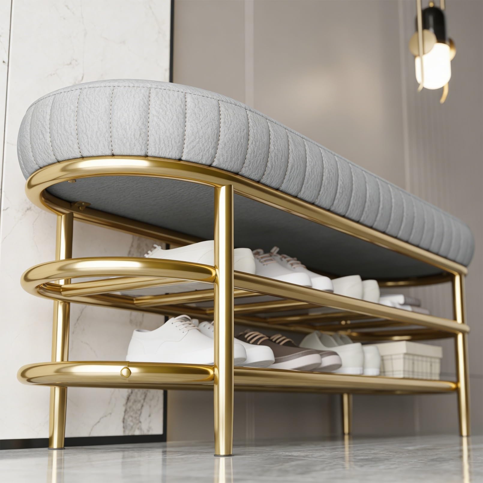 Banc à chaussures haut de gamme 120 cm avec assise rembourrée grise