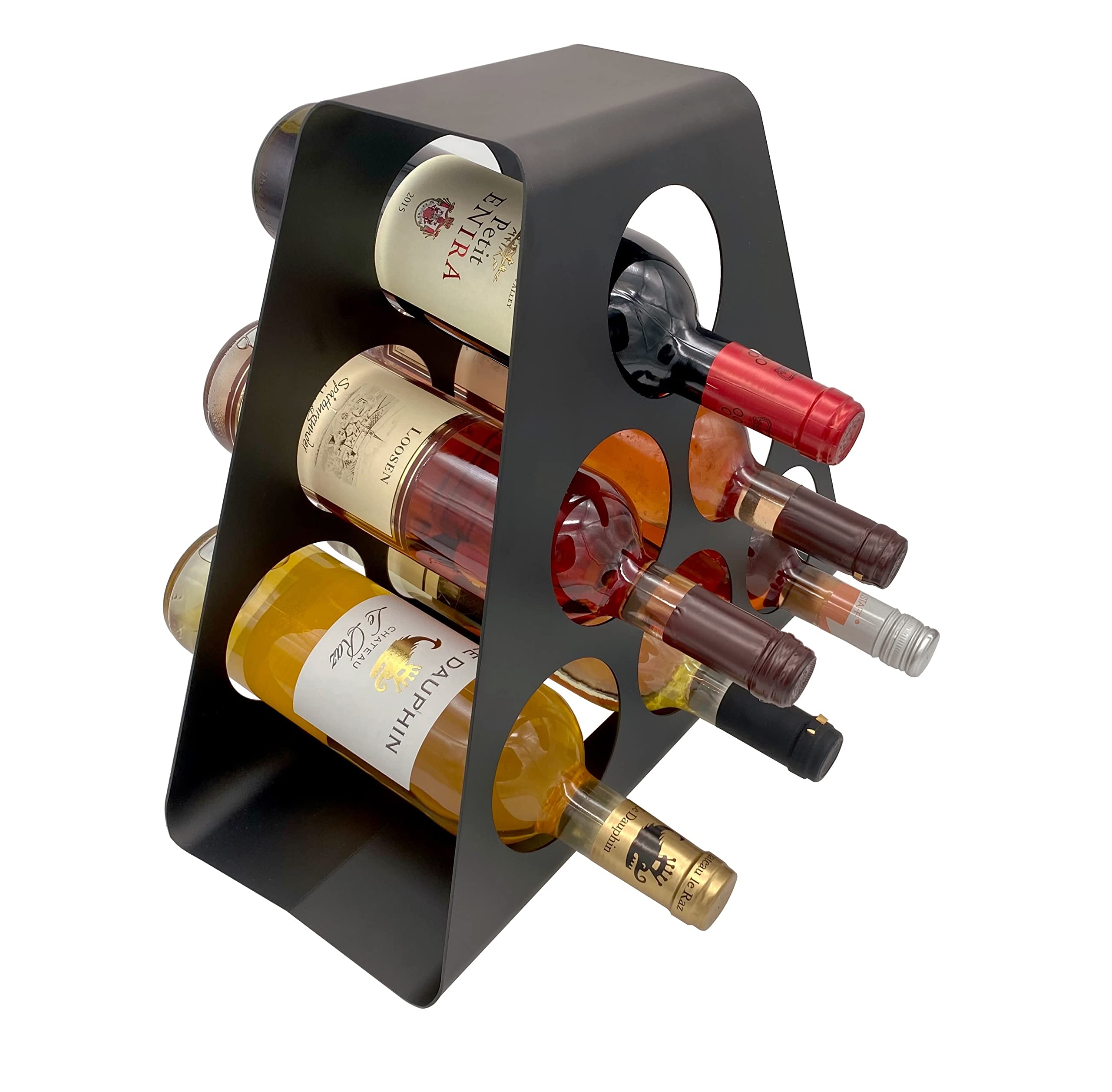 Regał na wino (6 uchwytów na butelki), wolnostojący, nowoczesny design, wykonany ze stabilnego metalu, z powłoką proszkową premium, kolor czarny
