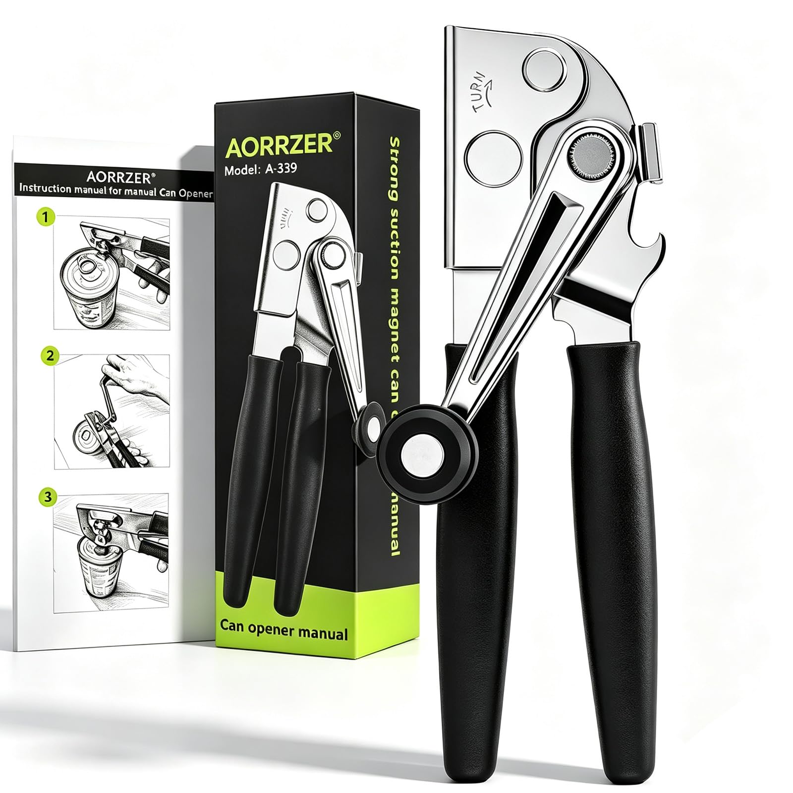 AORRZER® Can Opener Manual with Magnetic Lid Lifter,Can Openers for Seniors | High-Intensity Sharp Steel Blade, Bottle Opener, Comfortable Grip Handle, Kitchen Tools for Home and Commercial (Black)