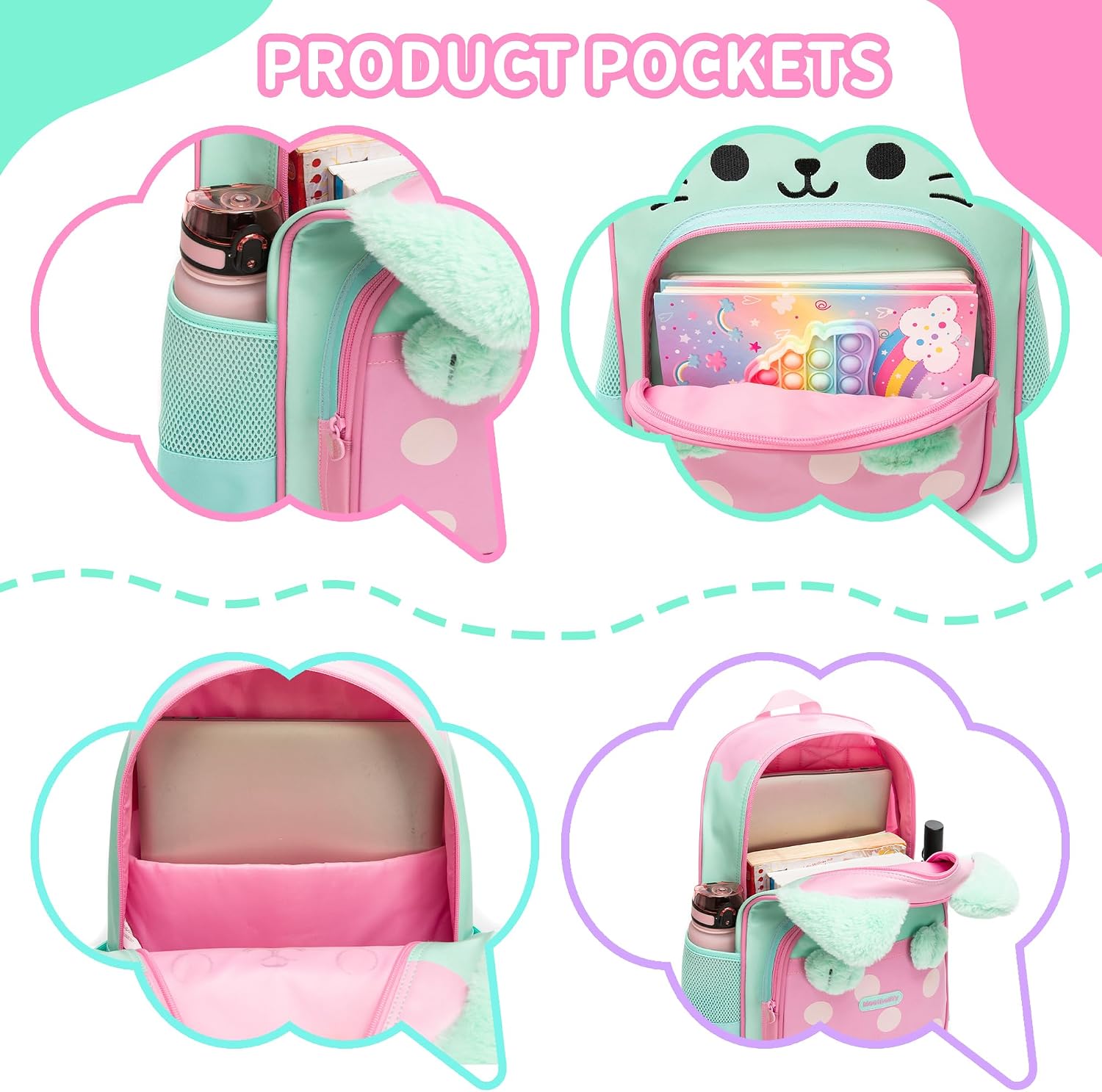 School Backpack for Girls,Cute Cat Kids Bookbag 3PCS Set with Lunch Bag Pencil Case,Elementary Girls Backpack for School,Lightweight Travel Daypack
