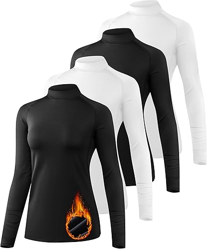 TELALEO Paquete de 4 camisetas térmicas de manga larga para mujer, cuello alto falso, forro polar, capa base de cuello alto de compresión
