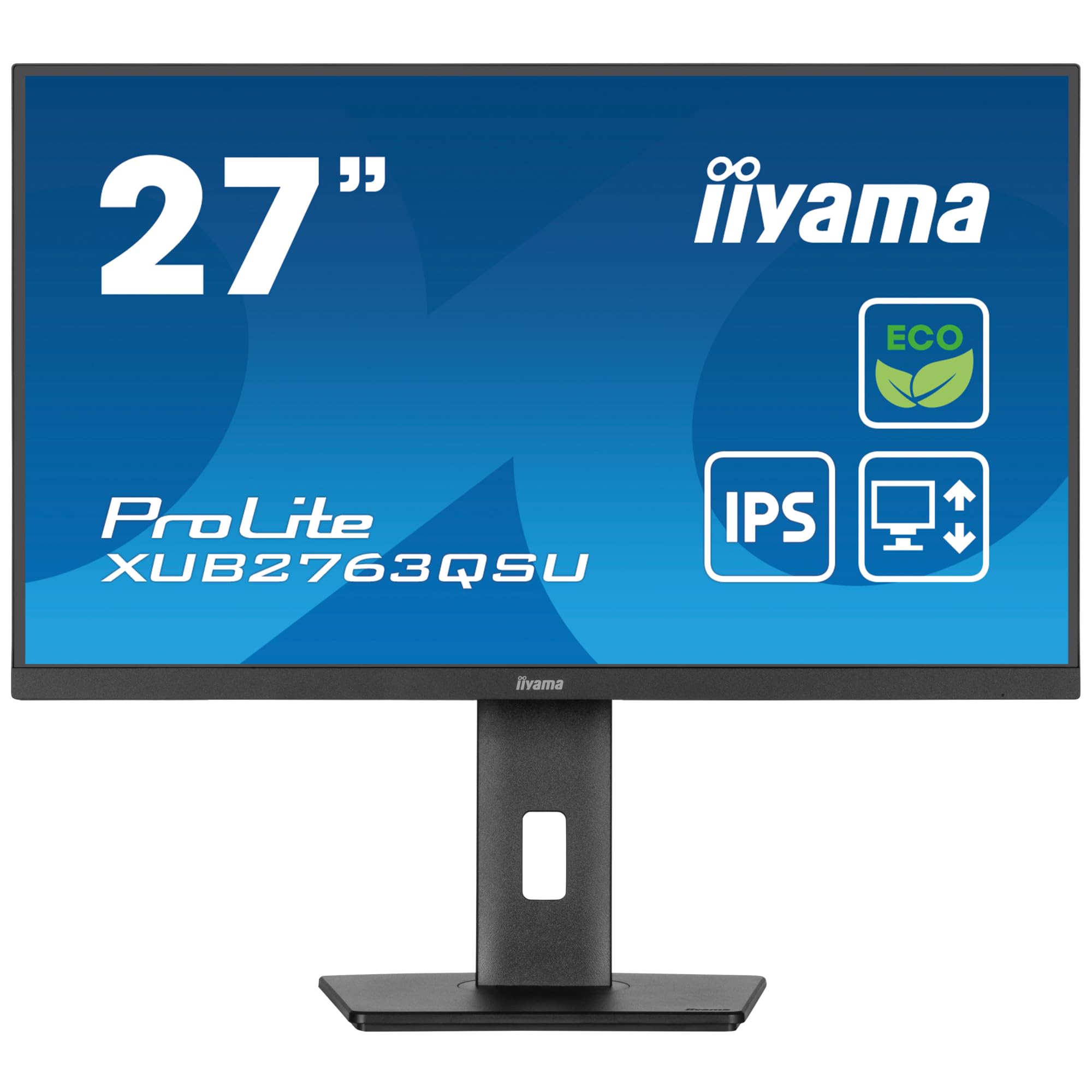 Ecran iiyama Prolite XUB2763QSU-B1 Slim,IPS, 2560x1440@100Hz, 2ms, 350cd, DP/HDMI/USB HUB (2x3.2), Haut-parleurs, FreeSync, i-Style, réglable en Hauteur + Pivot, TCO, Green Product