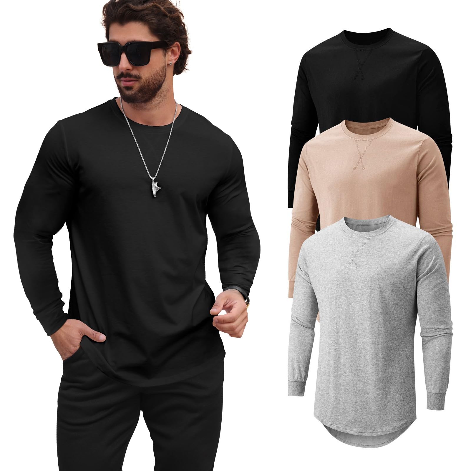 Camisetas de cuello redondo para hombre, estilo hipster, hip hop, de línea larga | Camisas casuales para hombre, mezcla de algodón y poliéster, ajuste moderno para oficina, citas, club, playa