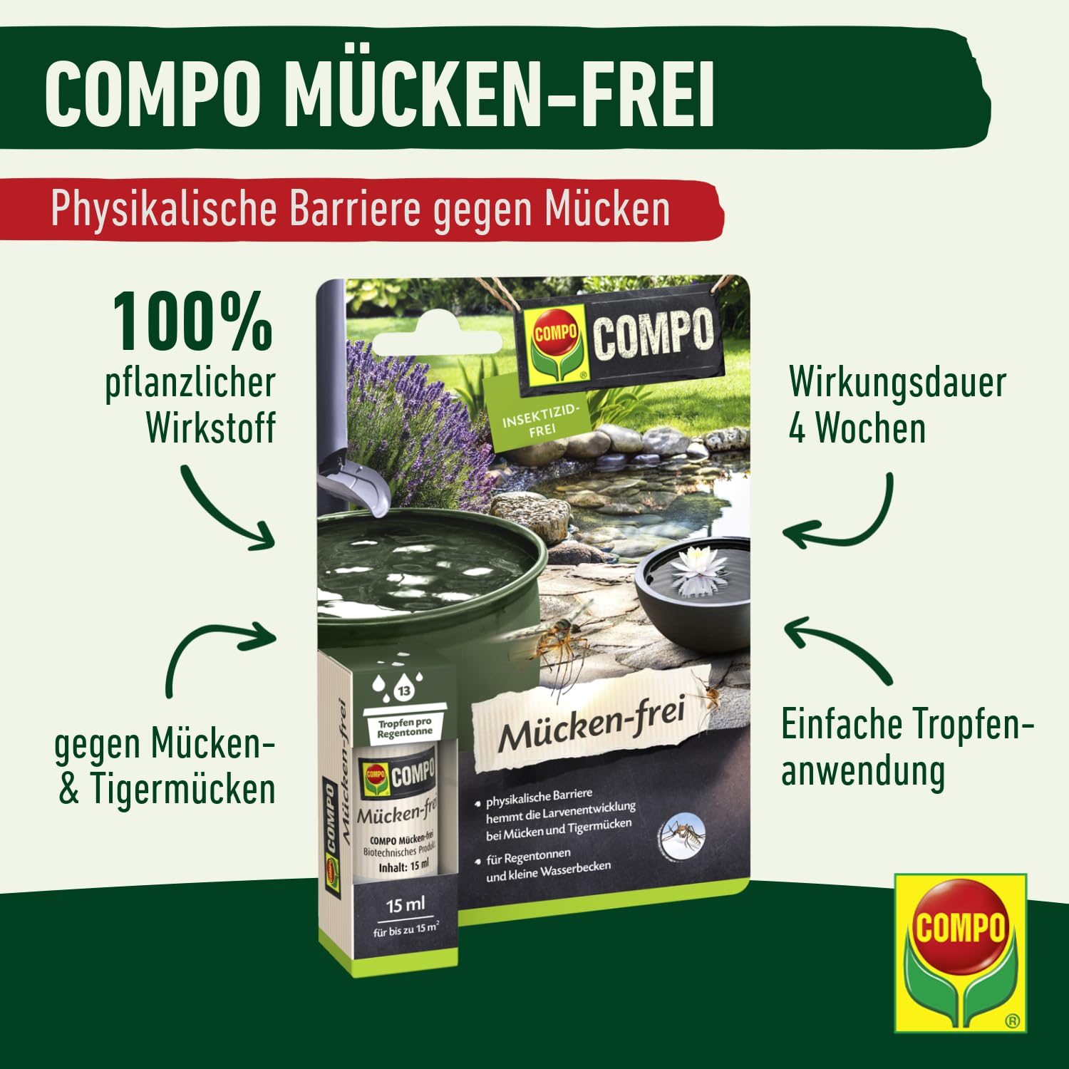 Compo Mücken‑frei, 15 ml – Physikalische Barriere gegen Mücken‑ und Tigermückenlarven, für Regentonnen & Teiche, bis zu 4 Wochen Schutz gegen Mückenlarven & 100 % pflanzlich