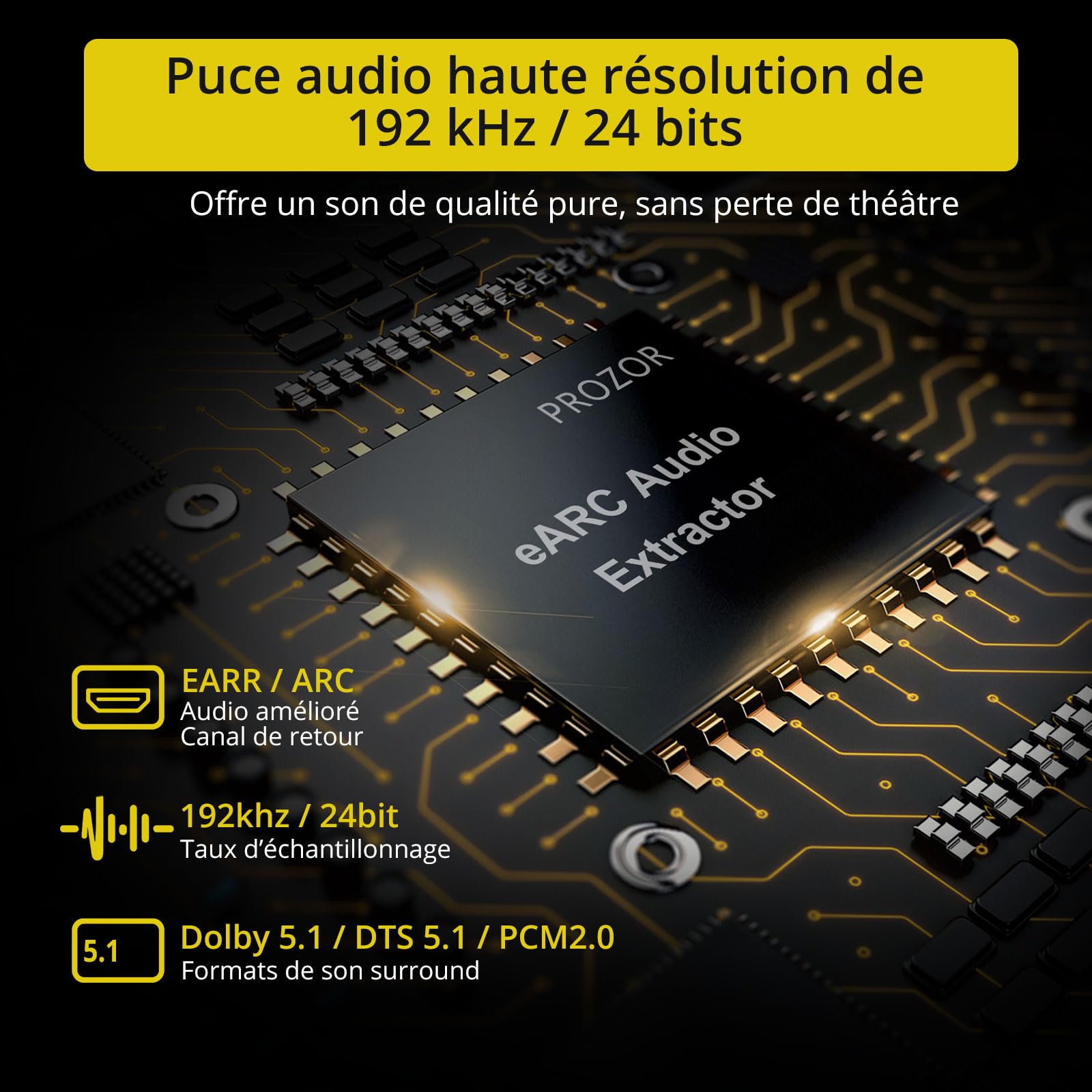 PROZOR Extracteur Audio eARC/ARC vers Optique Exclusif 192kHz & Dolby/DTS 5.1 Solution pour Barres de Son et Casques TV