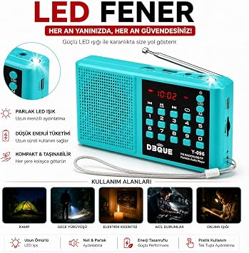 Y-096 Bluetoothlu Şarjlı Cep Radyosu, 18650 Pilli Taşınabilir FM Radyo, USB ve TF Kart Destekli, Type-C Şarjlı, LED Fenerli Acil Durum ve Deprem Radyosu (Turkuaz)