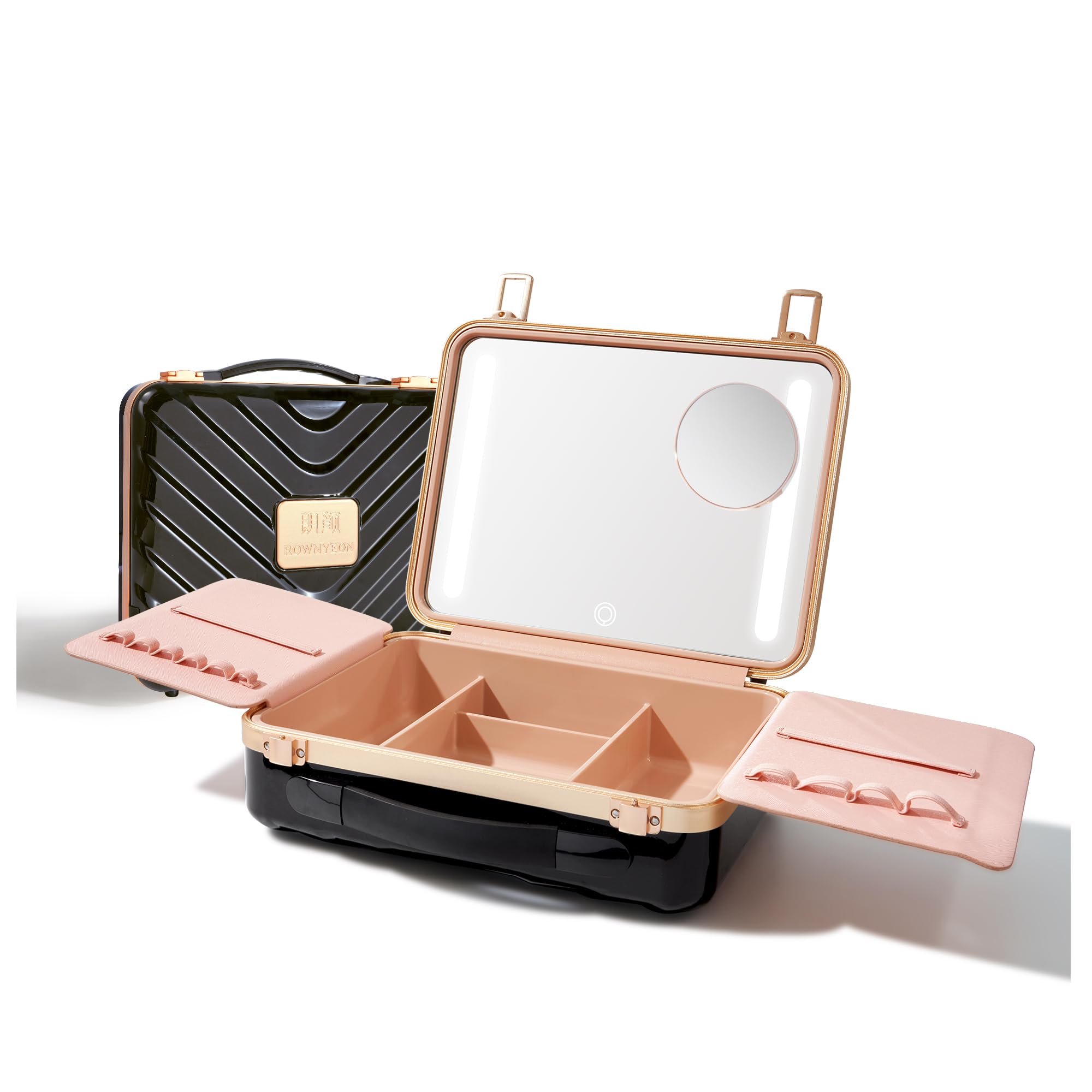 ROWNYEON Travel Makeup Case With Light Up Mirror Portable Train Case Organizer Make up Box for Girls Makeup Artist Hairstylist Casewith 5x Mirror Black